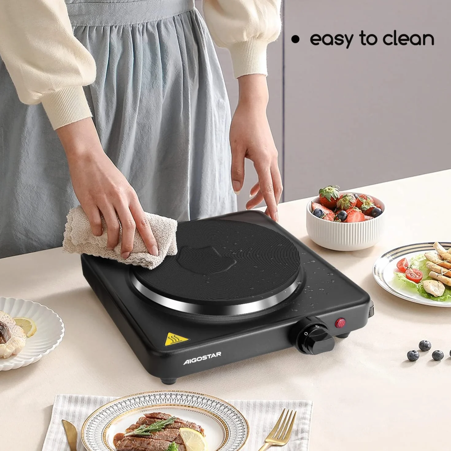 Aigostar Piastra Elettrica 1500W Fornello Portatile Ghisa Riscaldamento Rapido Temperatura Regolabile Nero