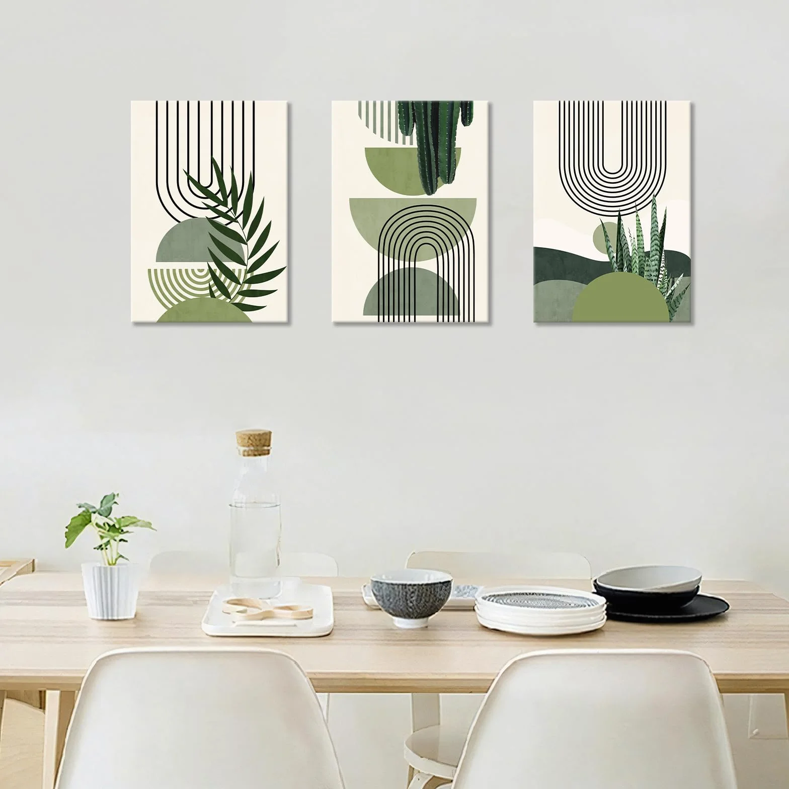 Quadri Moderni Verde Salvia Boho Stampa su Tela Con Cornice 30x40cmx3 Decorazione Murale