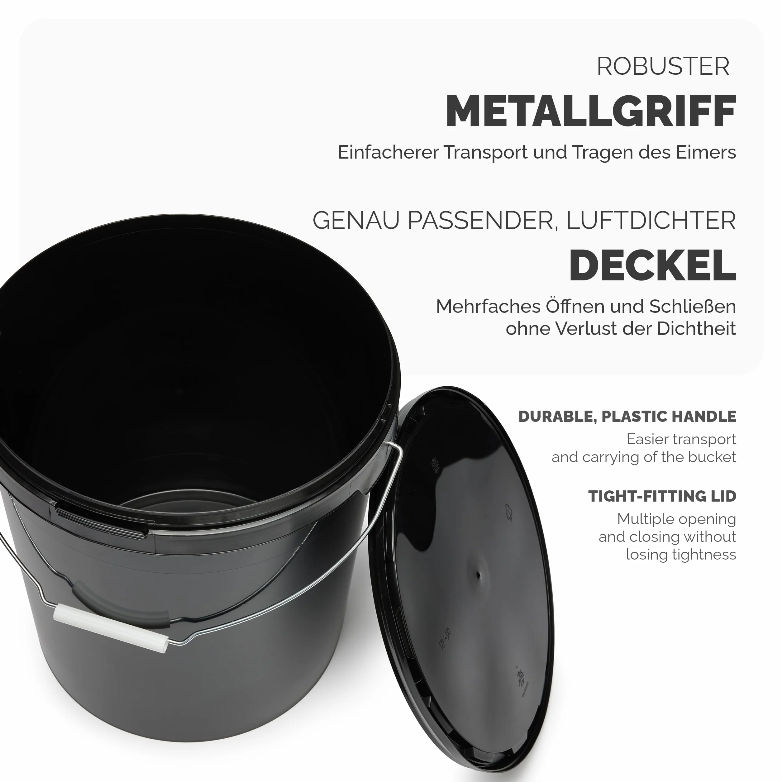 Garronda Secchio con coperchio 16 L per la conservazione di prodotti alimentari e chimici 5 Pezzi Nero GD-0104