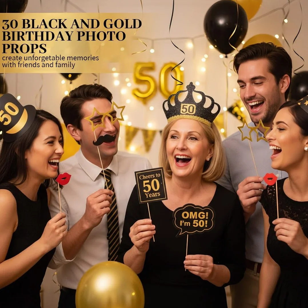 Accessori Photo Booth Decorazione Compleanno 50 Anni Nero Oro, Decorazione Tavolo per Feste