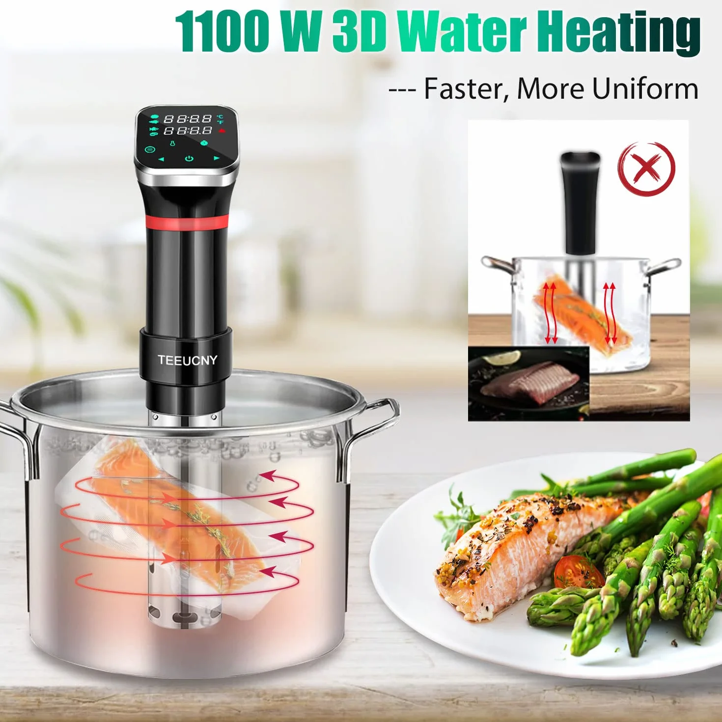 TEEUCNY Sous Vide 1100W Macchina per Cottura a Bassa Temperatura Bagnomaria Sottovuoto LCD Touch