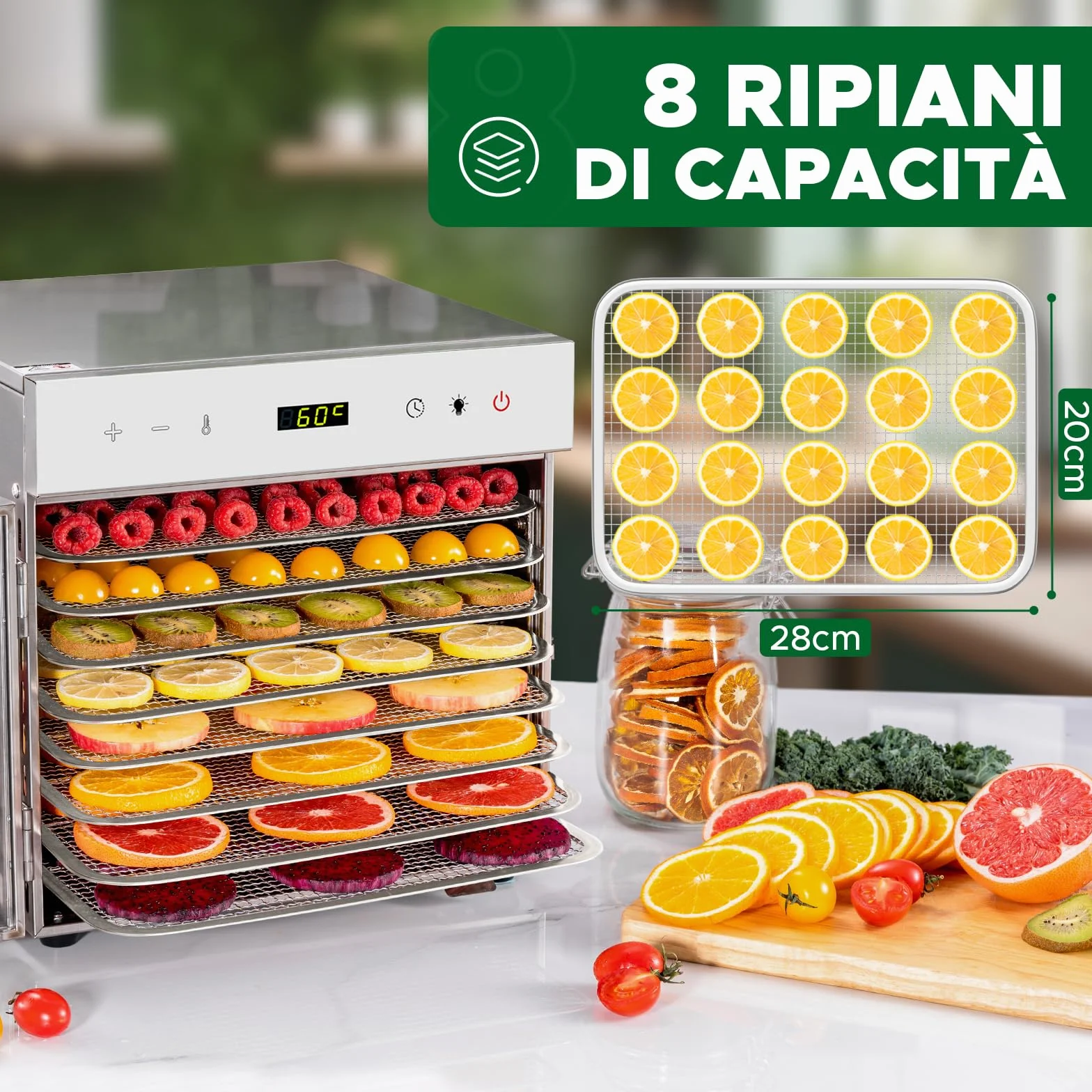 Kwasyo Essiccatore Alimentare Professionale in Acciaio Inox, 8 Vassi, 67 Ricette,di Temperatura da 30 a 90℃, Funzione Timer fino a 24 ore, Senza BPA, Disidratatore per Frutta, Carne, Verdure, Erbe