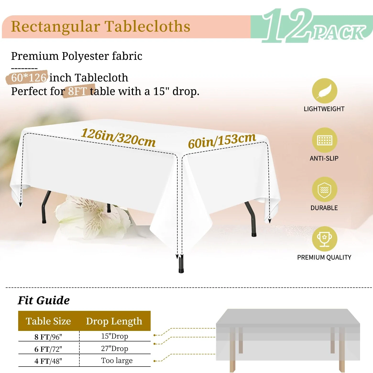 Teruntrue 12 Pezzi Tovaglie Bianche Rettangolari 153 x 320 cm, Tovaglie Bianche in Poliestere per Tavolo da 8 Piedi, Tovaglia Rettangolare Lavabile per Feste Matrimoni Buffet Campeggio Ristorante