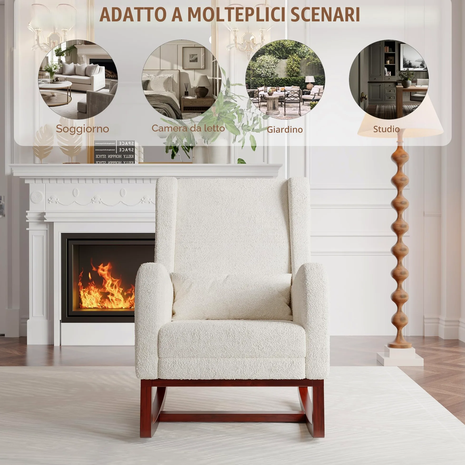 Poltrona a dondolo con poggiapiedi, sedia allattamento con cuscino lombare e 2 tasche laterali, poltrona da allattamento con gambe in legno massello, per soggiorno, camera da letto, beige