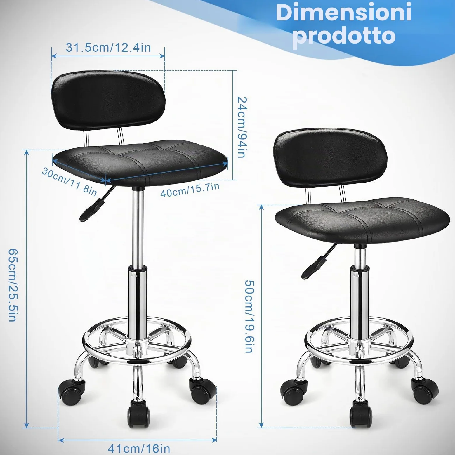 HMTOT Sgabelli quadrati con schienale regolabile in altezza e girevole con ruote, colore: nero