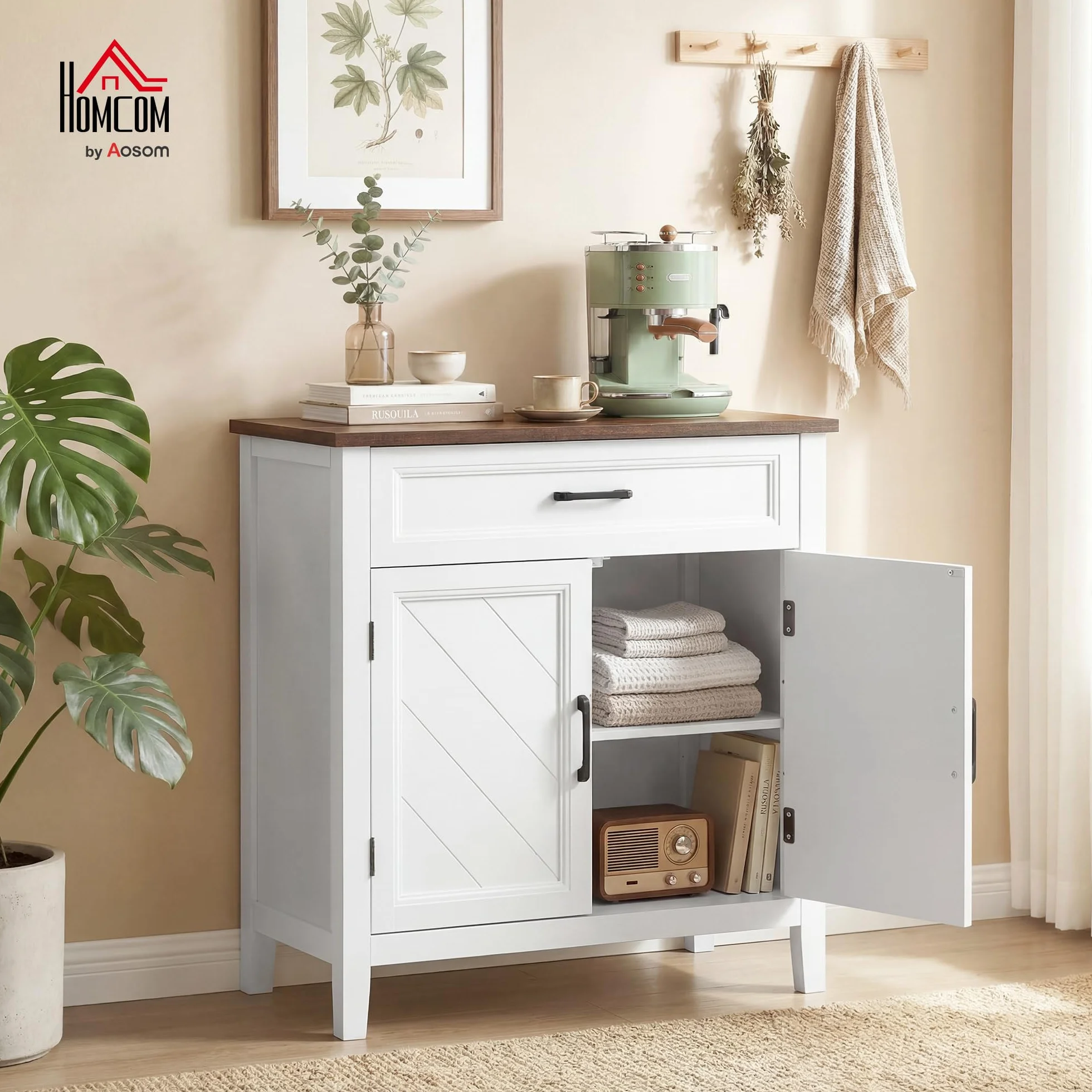 HOMCOM Credenza Cucina, Mobile Cucina con 2 Ante, Ripiano Regolabile e Cassetto, Piano Effetto Legno, Stile Rustico, Credenza Buffet per Soggiorno, Salotto, Sala da Pranzo, 76x35x80 cm, Bianco