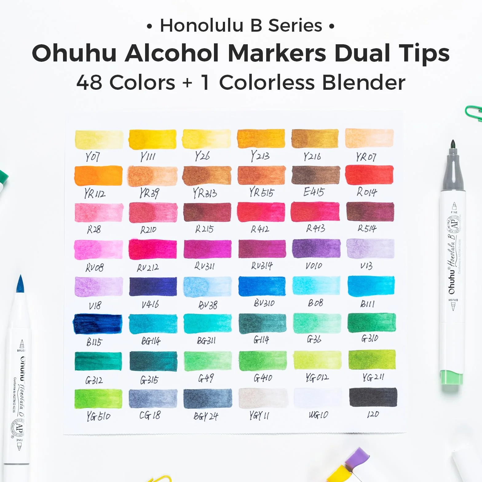 Ohuhu Pennarelli ad Alcool 48 Colori, Doppia Punta Pennello e Fine per Artisti Adulti, 1 Miscelatore