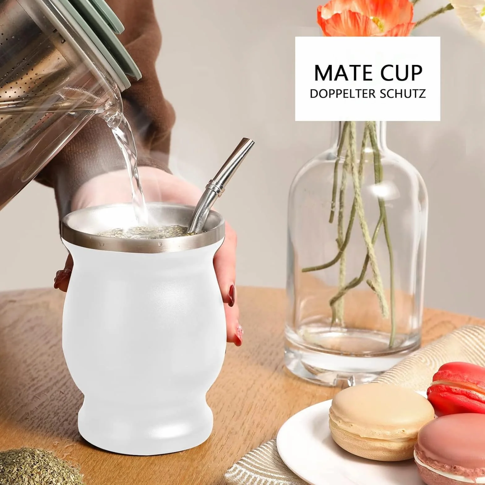 Yerba Mate Cup, Set di Tazze in Acciaio Inox a Doppia Parete 230 ml con Cannuccia e Spazzola, Bianco