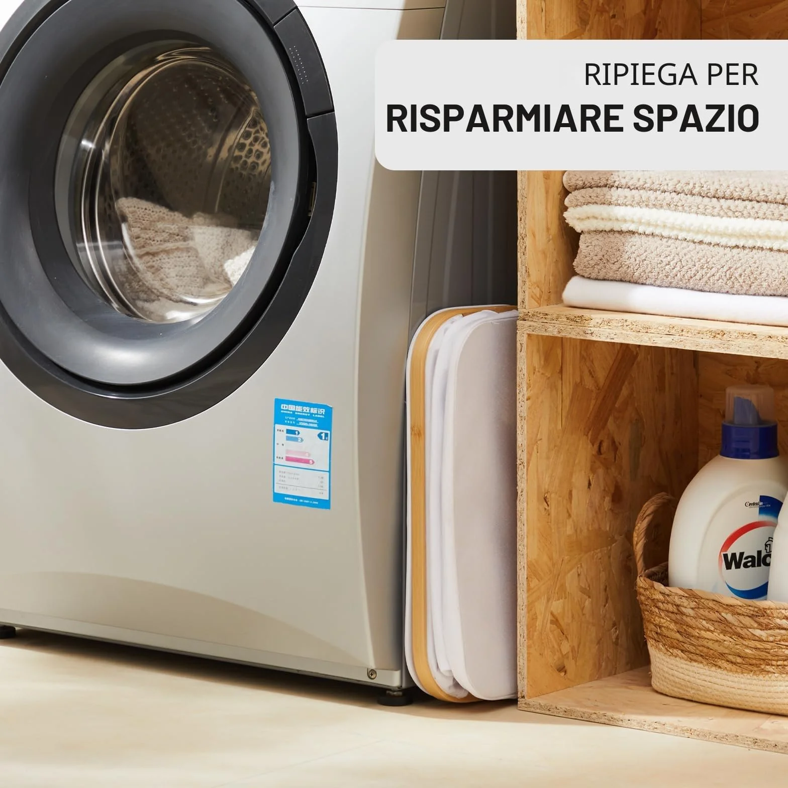 YOUDENOVA - Cesto portabiancheria con coperchio, 48 l, stretto, con sacco grande per la biancheria, pieghevole, in legno di bambù, bianco