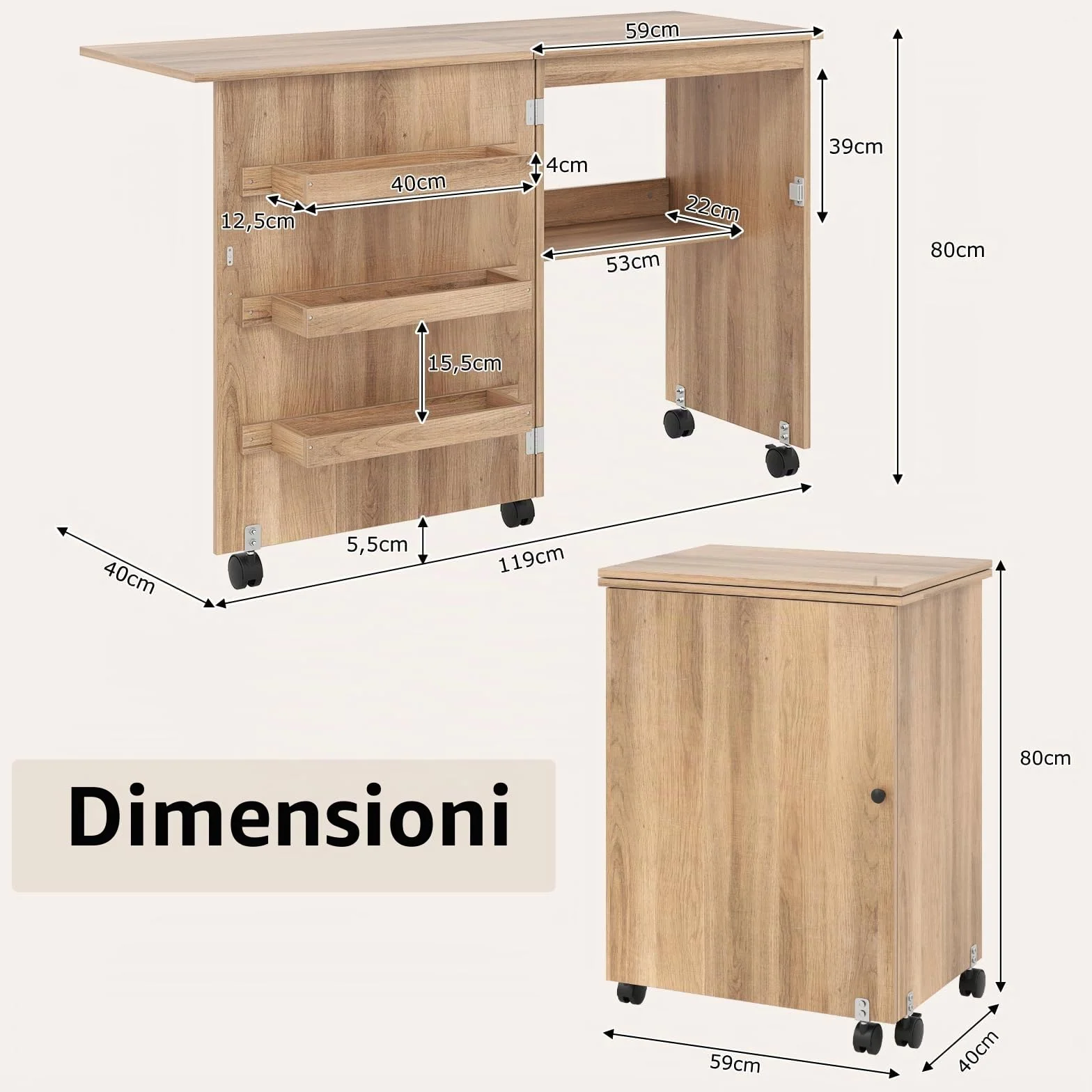 GIANTEX Tavolo da Cucito Pieghevole con Ruote, Mobile per Macchina da Cucire con 4 Ripiani Aperti e Ampio Piano di Lavoro, Ideale per Soggiorno, Camera da Letto e Sala Hobby (Naturale)
