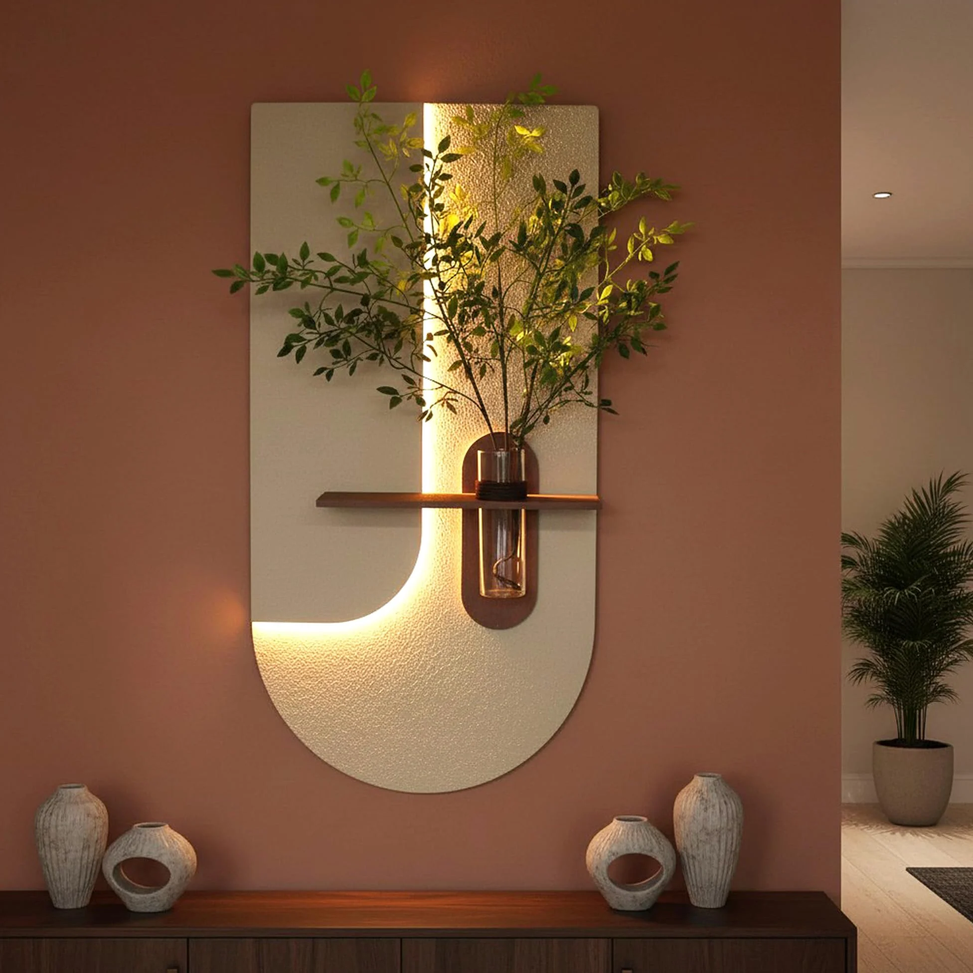 Arnusa WD001 - Quadro da parete 3D con illuminazione a LED e vaso di vetro decorativo, decorazione da parete, 100 x 50 cm