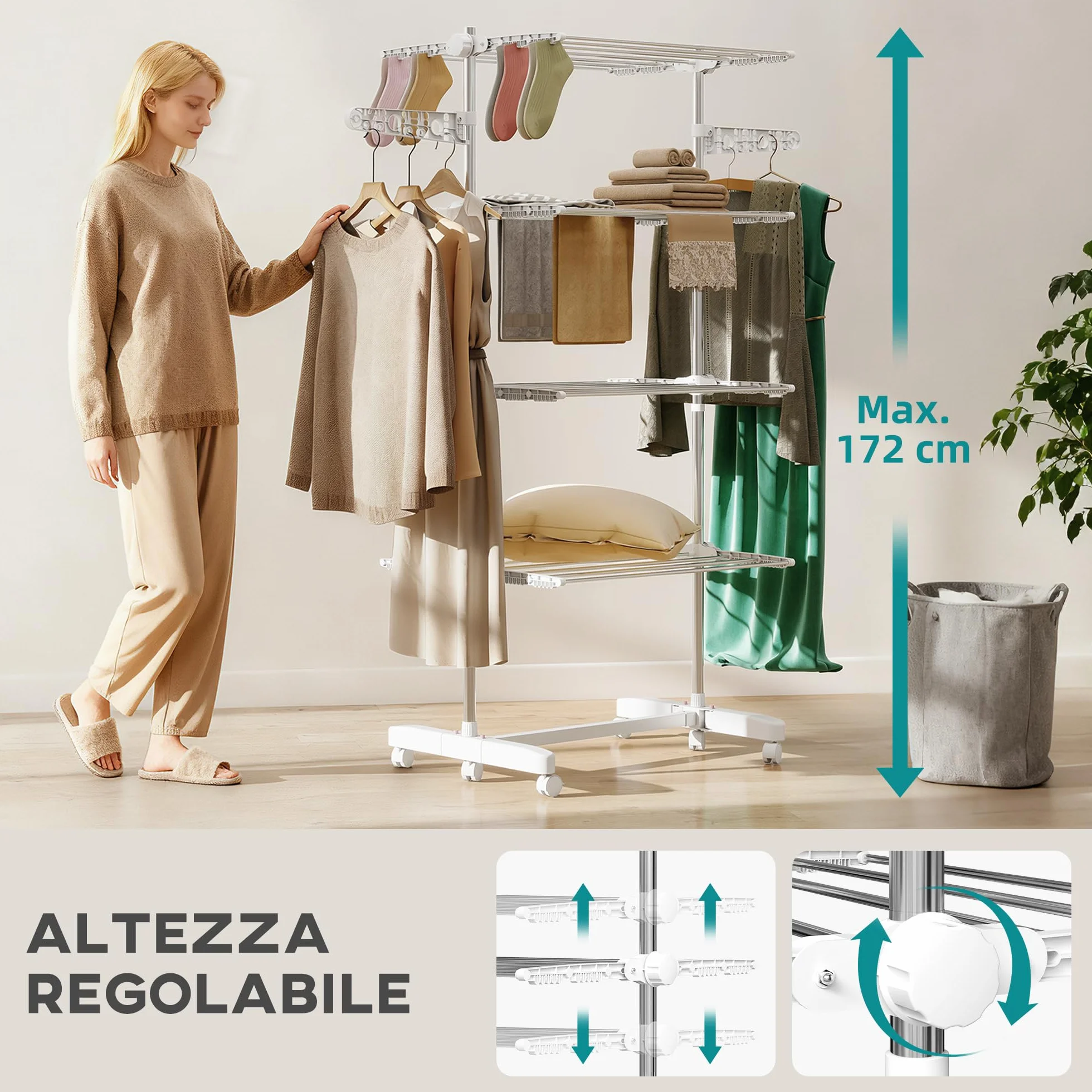 HOMCOM Stendibiancheria Verticale a Torre 4 Livelli, Stendino Pieghevole Salvaspazio in Acciaio Inox con 6 Ruote, 142x55x172cm, Bianco