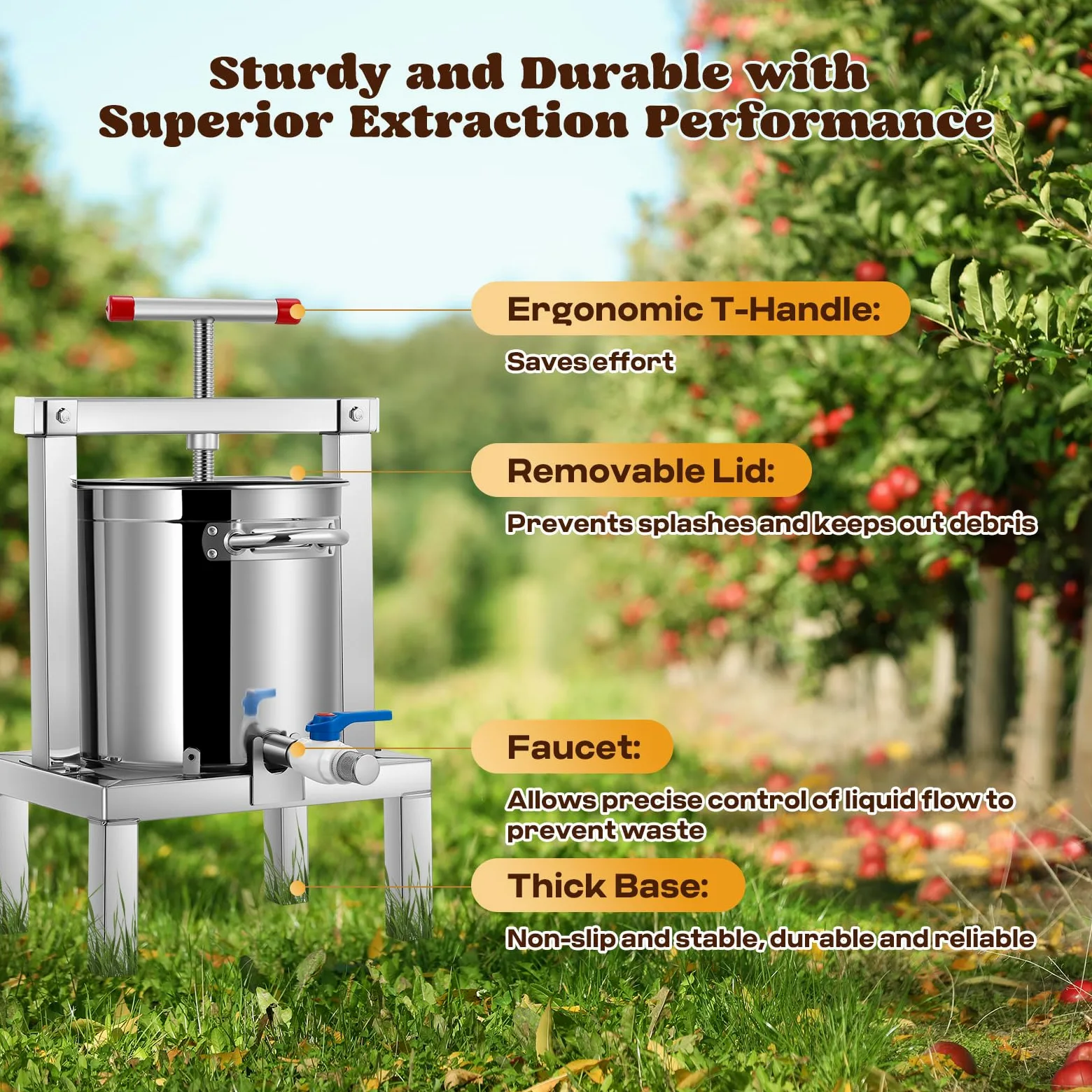 Moongiantgo 10l Pressa Manuale per Miele, Torchio per Frutta E Vino in Acciaio Inossidabile Con Manico a T, Completamente Chiuso, Multipla Filtrazione, Per Miele, Succo, Vino, Sidro, Apicoltura (10L)