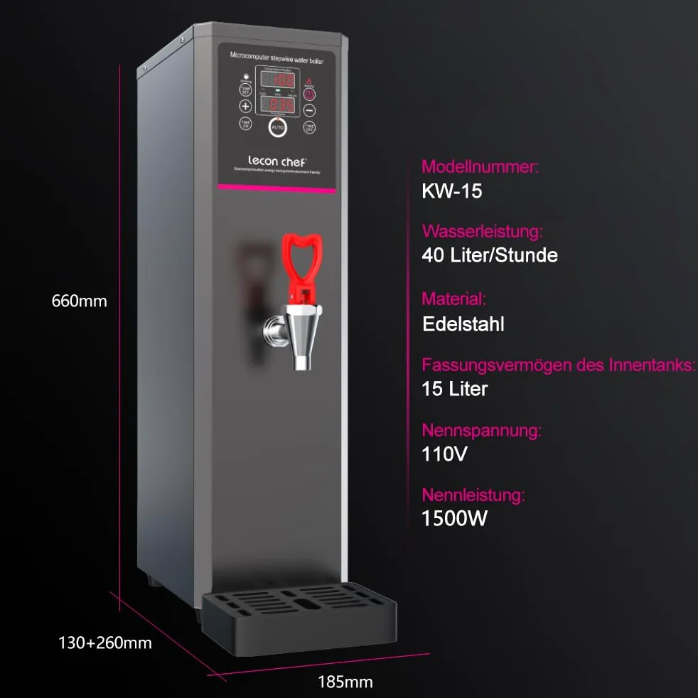 Lecon Distributore di acqua calda, 15 l, distributore di acqua in acciaio inox, 3000 Watt, riscaldamento rapido, macchina per acqua calda elettrica con timer, visualizzazione del tempo di temperatura