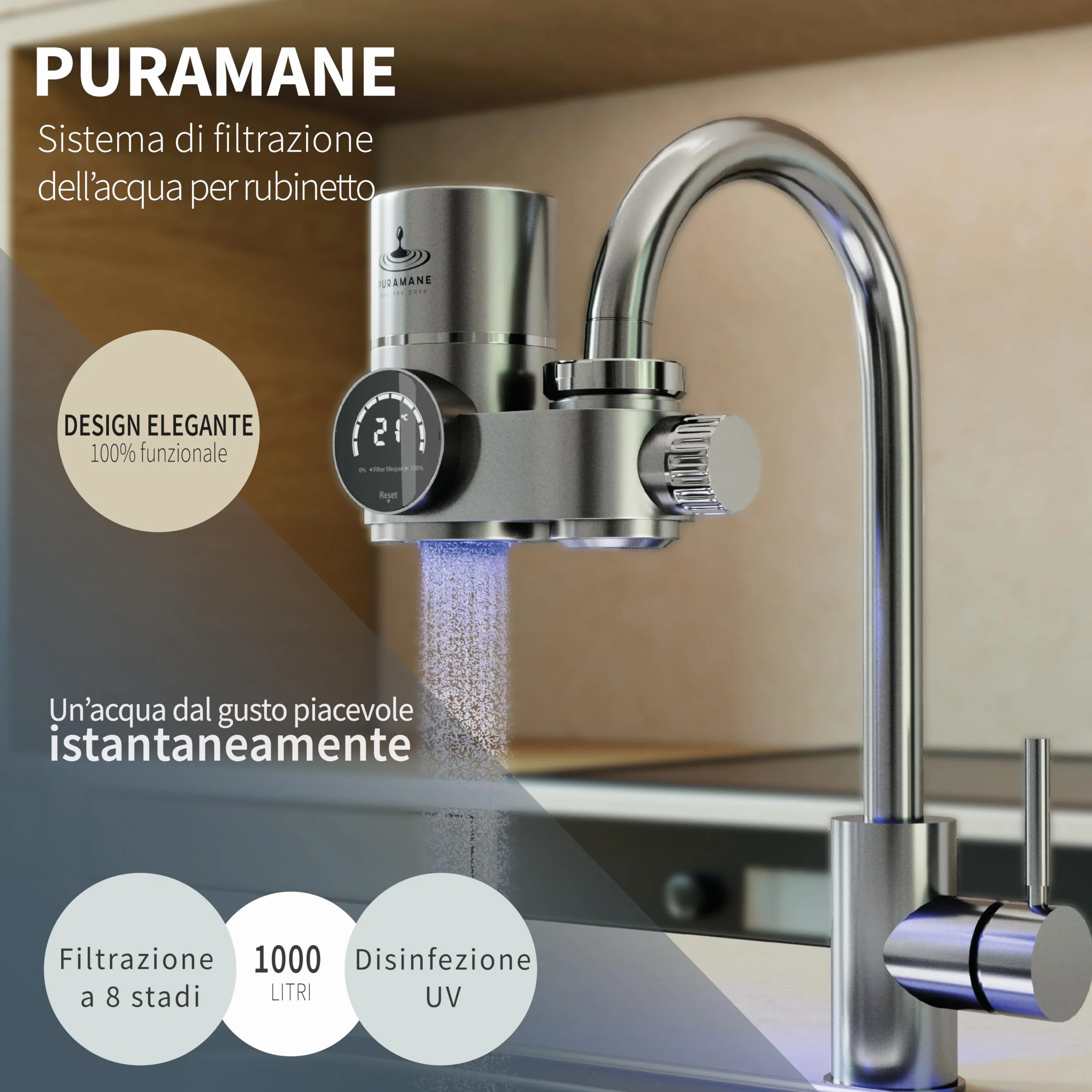 Filtro Acqua Rubinetto Cucina Purificatore Acqua Carbone Attivo UV Multi-Stadio Schermo LED Filtrazione Istantanea Anti Calcare Sistema + 1 Cartuccia