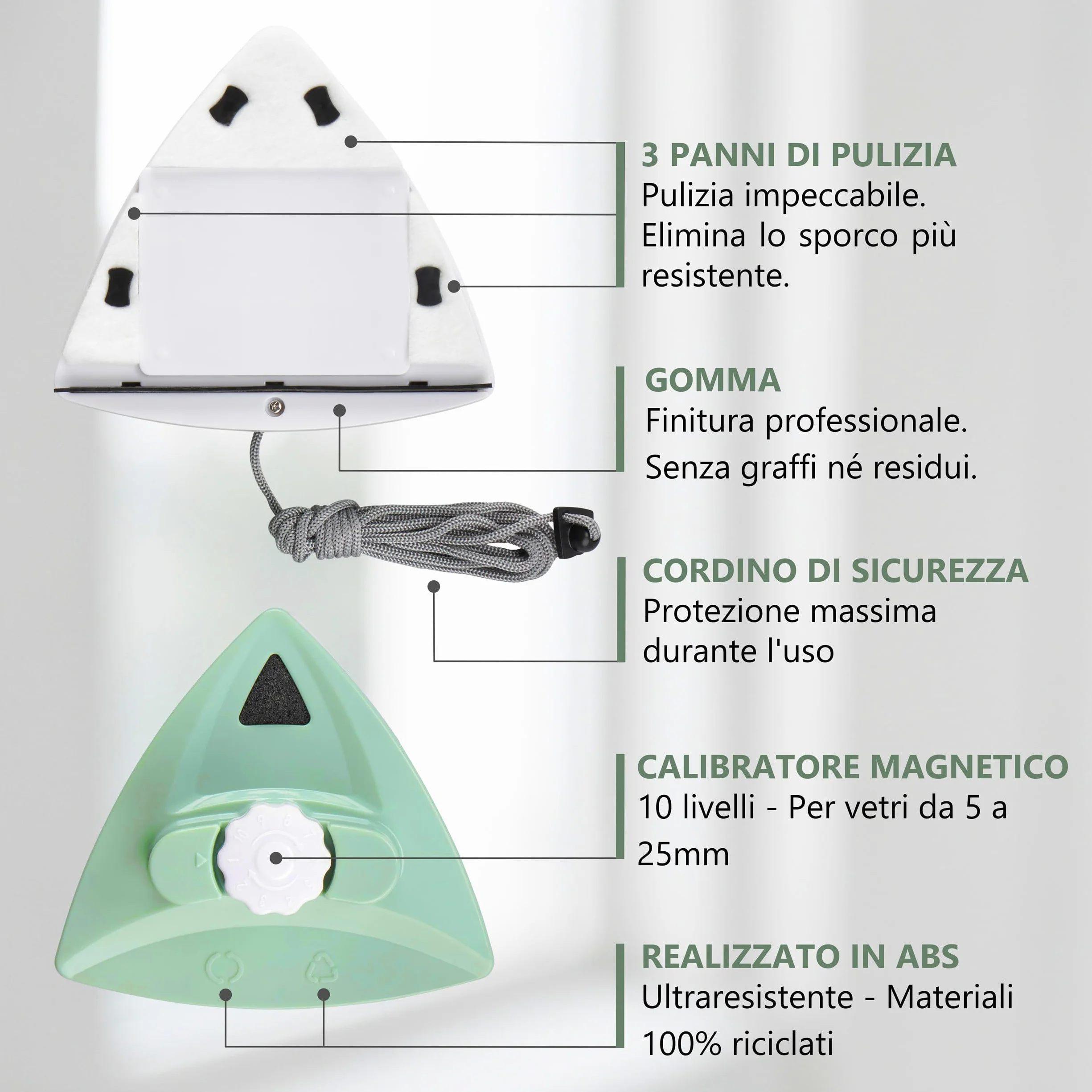 Lavavetri Magnetico per Doppio Vetro Regolabile 5-25 mm - Pulisci Vetri Magnetico Doppio Vetro con 10 Livelli di Regolazione, 30 panni di Pulizia, 4 Gomme, 1 Panno in Microfibra e 1 Borsa