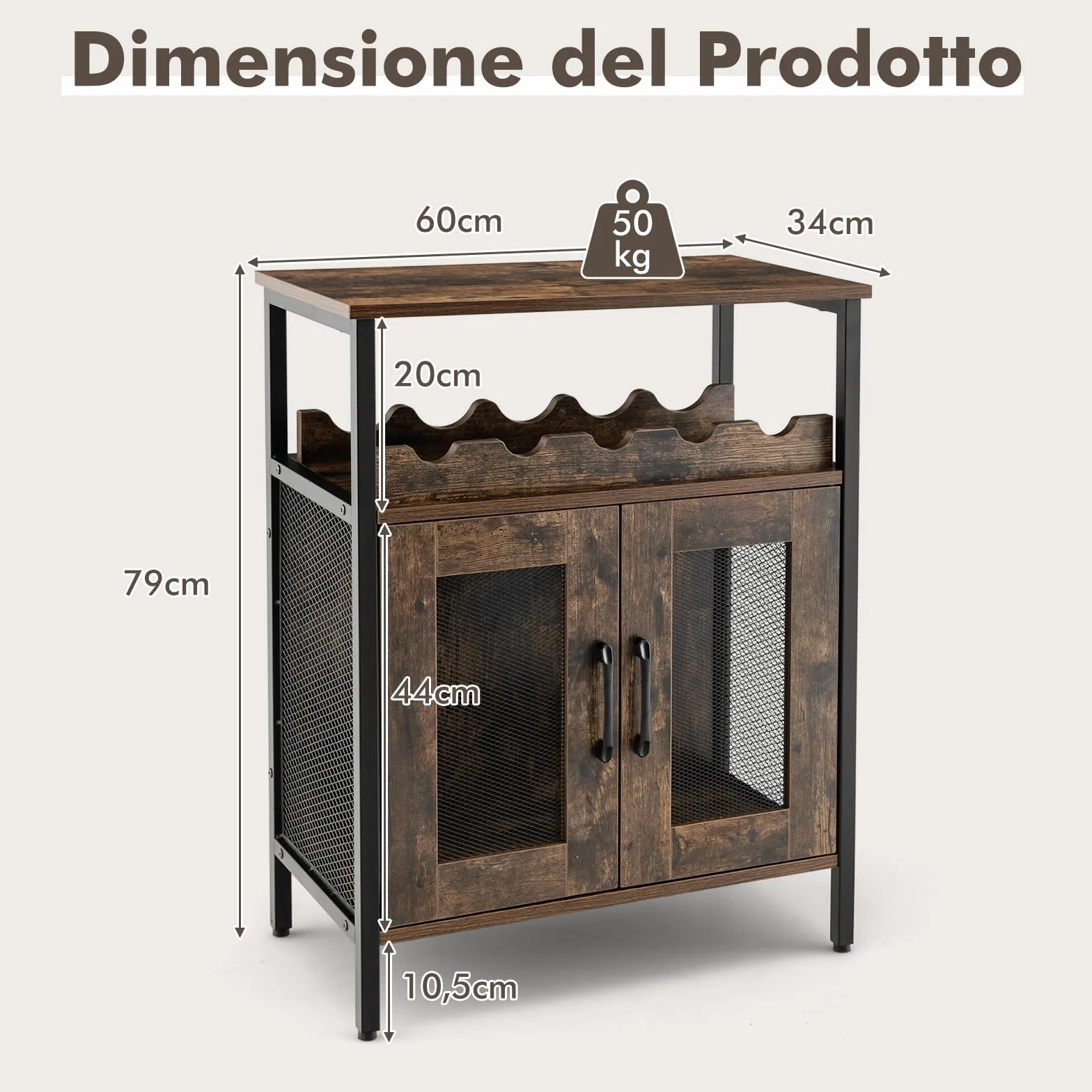 GYMAX Armadio per Vino per 5 Bottiglie Rimovibile, Armadietti di Vino con 6 Porta Calici, Mobile da Vino in Rete Metallica per Cucina, Sala da Pranzo, Industriale, 60 x 34 x 79 cm (Marrone)