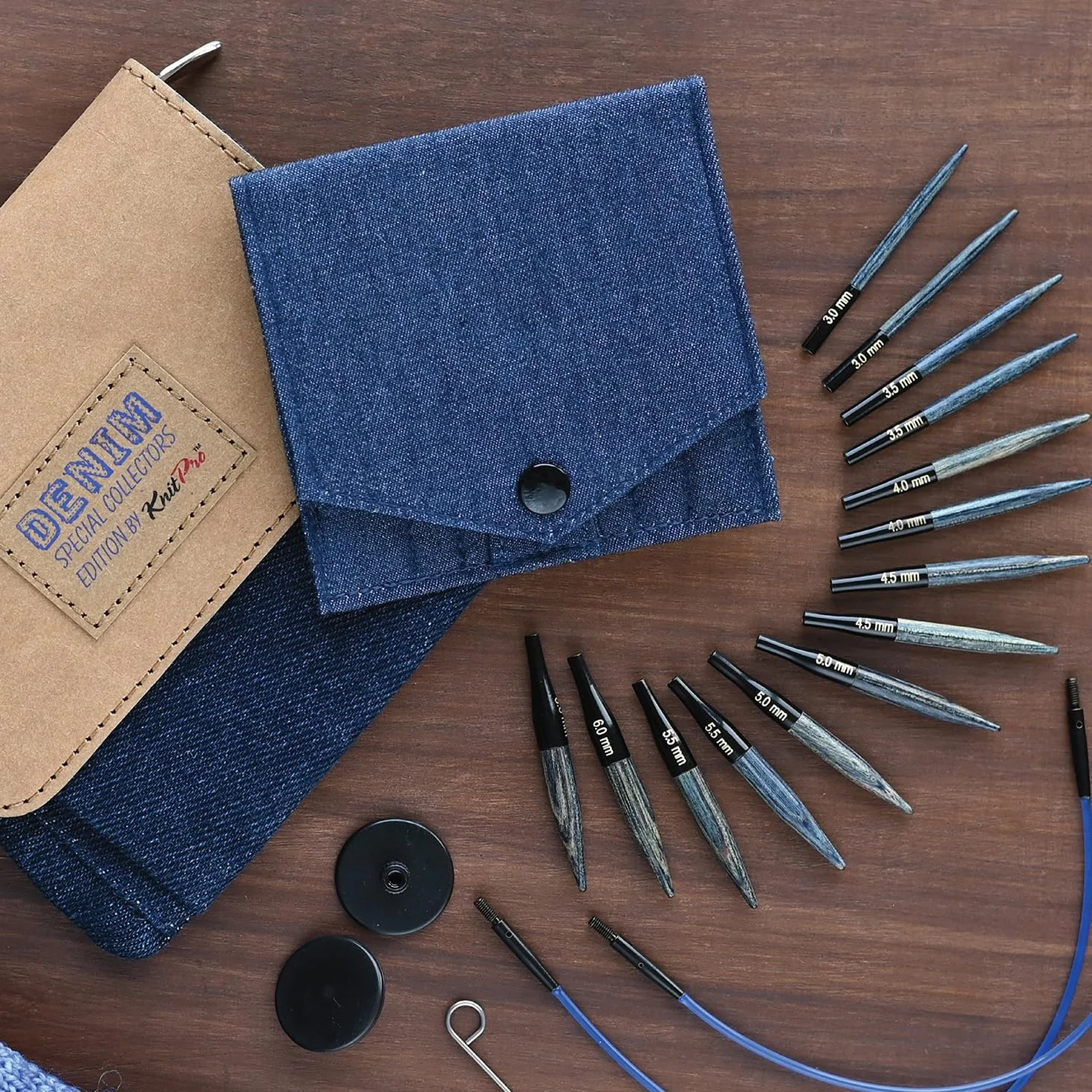 KnitPro Set di Ferri circolari intercambiabili Indigo Wood Short, 3,00 mm - 6,00 mm