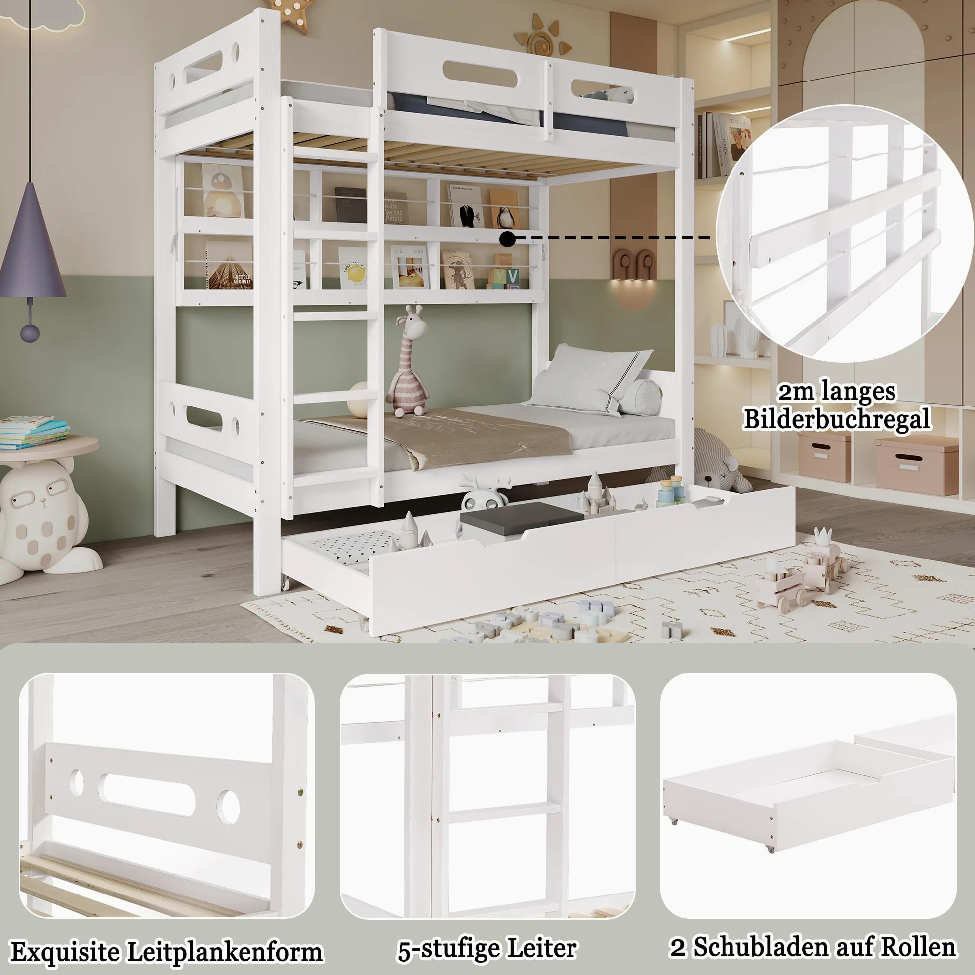 Letto a castello, 90 x 200 cm, lettino con rete anticaduta, due cassetti su ruote, scaffale aperto, scala a cinque livelli, ampio spazio di archiviazione, pino+MDF, bianco
