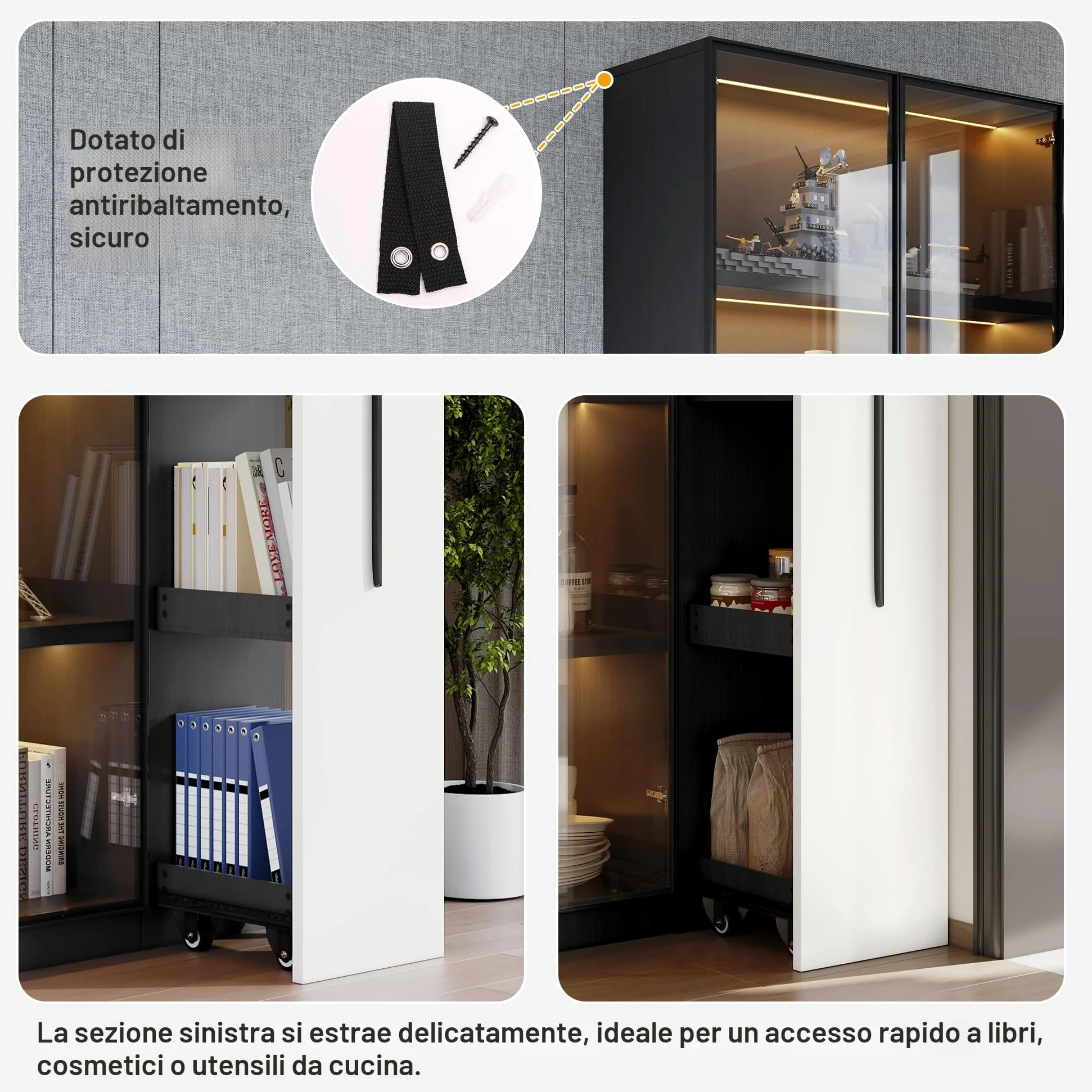 Armadio multifunzione/alto/da sala da pranzo 110,5 x 35 x 160 cm, vetrina con anta in vetro e LED, estensione laterale, design in bianco e nero, stile moderno, (nero, 110,5 x 5 x 160 cm)