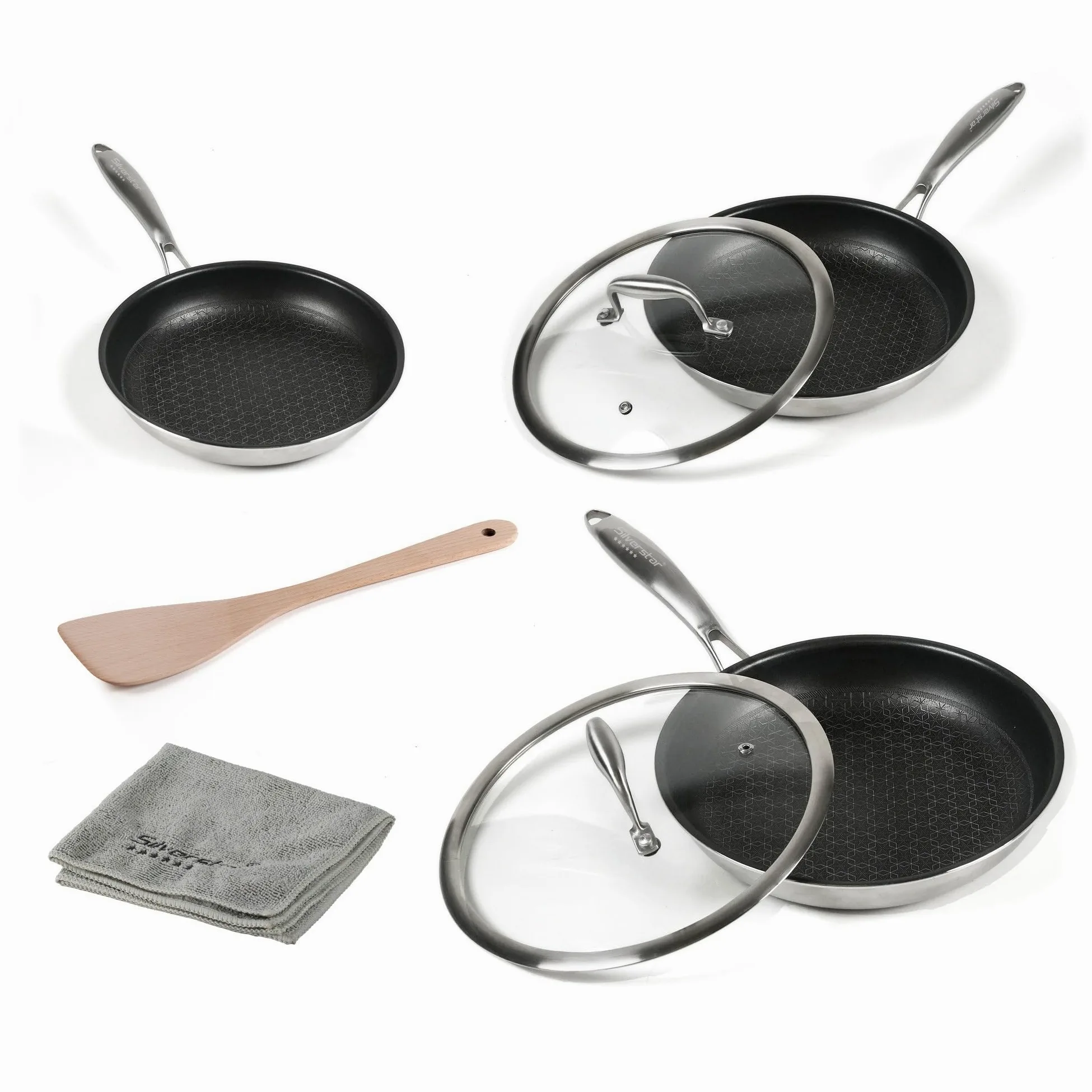 Silverstar Set di padelle in acciaio inox, 20/24/28 cm, con coperchio 24/28 cm, spatola a nido d'ape, antigraffio, antiaderente a induzione, struttura a nido d'ape, per tutti i piani cottura, forno,