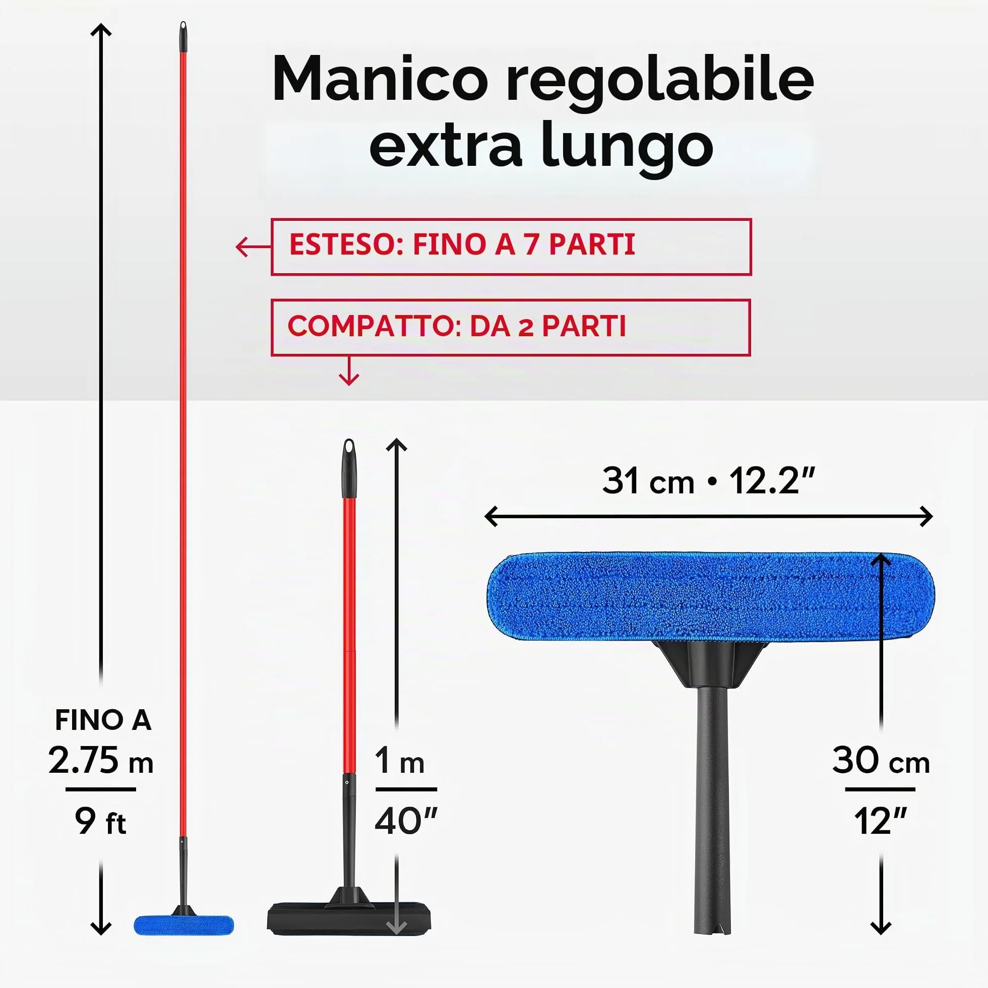 Tyroler Lavavetri Telescopico Professionale 2-in-1 | Bastone Telescopico per Pulizia Vetri Finestre 30-280cm | Tergivetro in Gomma 100% | Durata e Protezione Superiori Pulisci Vetri Telescopicos