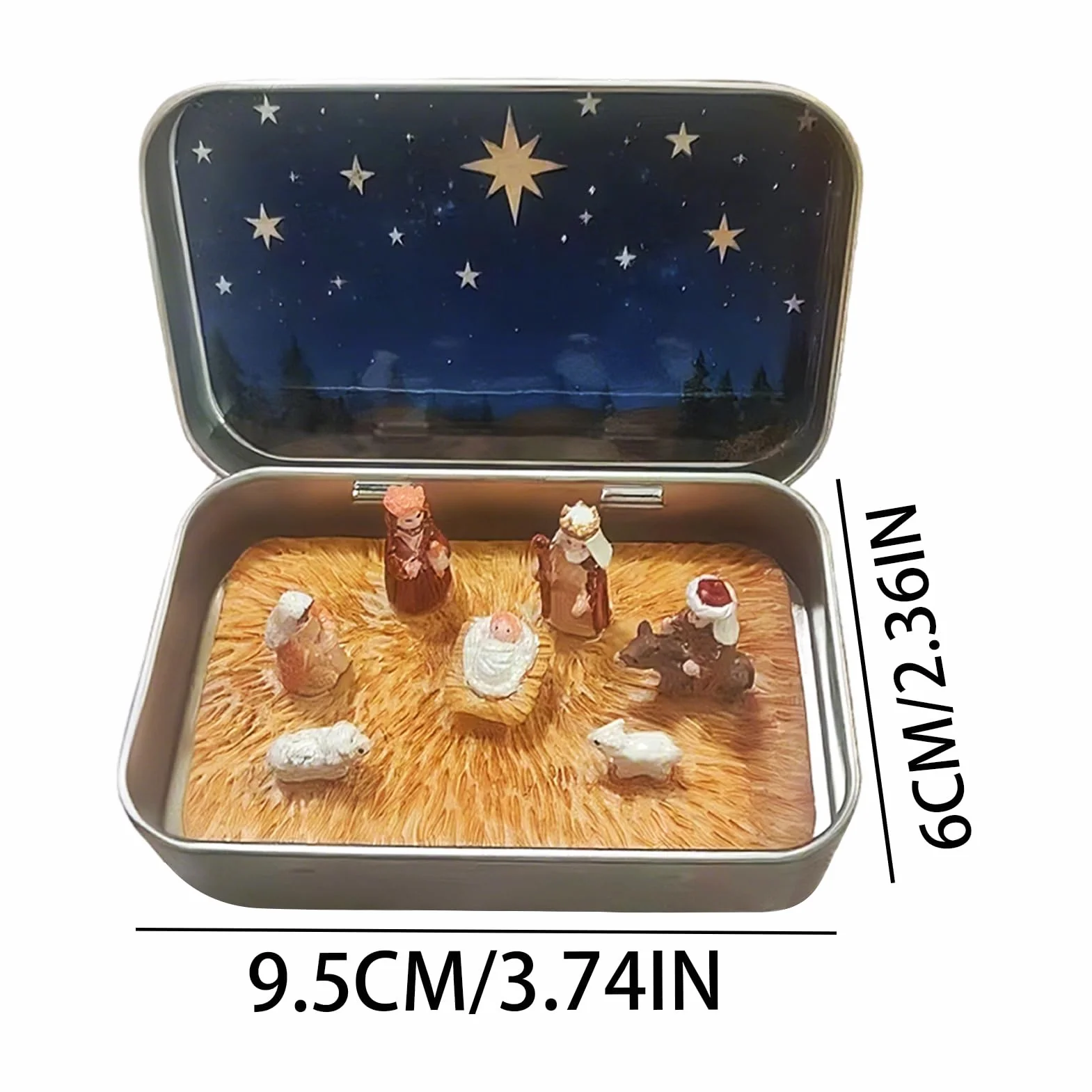 Presepe natalizio illuminato, set di statuette della Sacra Famiglia, statue di Gesù Cristo in resina, decorazione natalizia, scena in miniatura, statua in resina, presepe compatto in scatola di latta