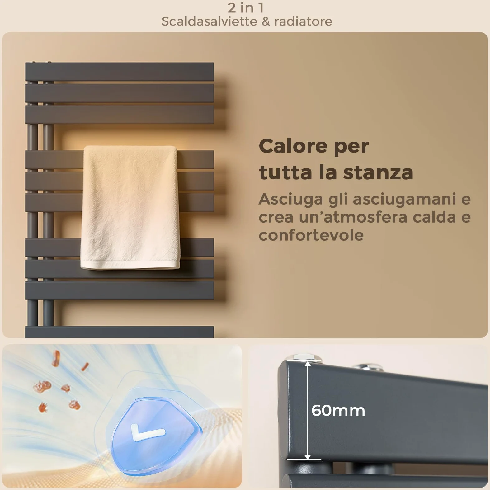 Radiatore design per bagno, radiatore scaldasalviette, grigio antracite, pannello piatto, Connessione centrale, 1041x500mm, radiatore per bagno, asciugatore per asciugamani, 555 Watt (Senza valvola)