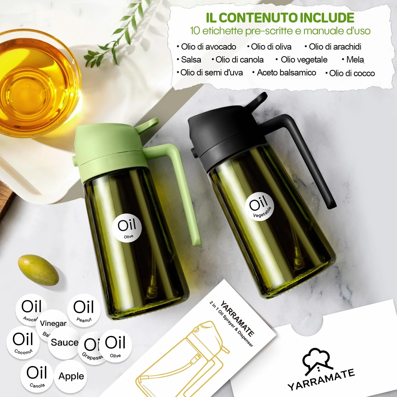 YARRAMATE Spruzzino Olio in Vetro 2 in 1 470 ml, Dosatore d'Oliva Bottiglia Spray da Cucina, Nebulizzatore per Alimenti Nero