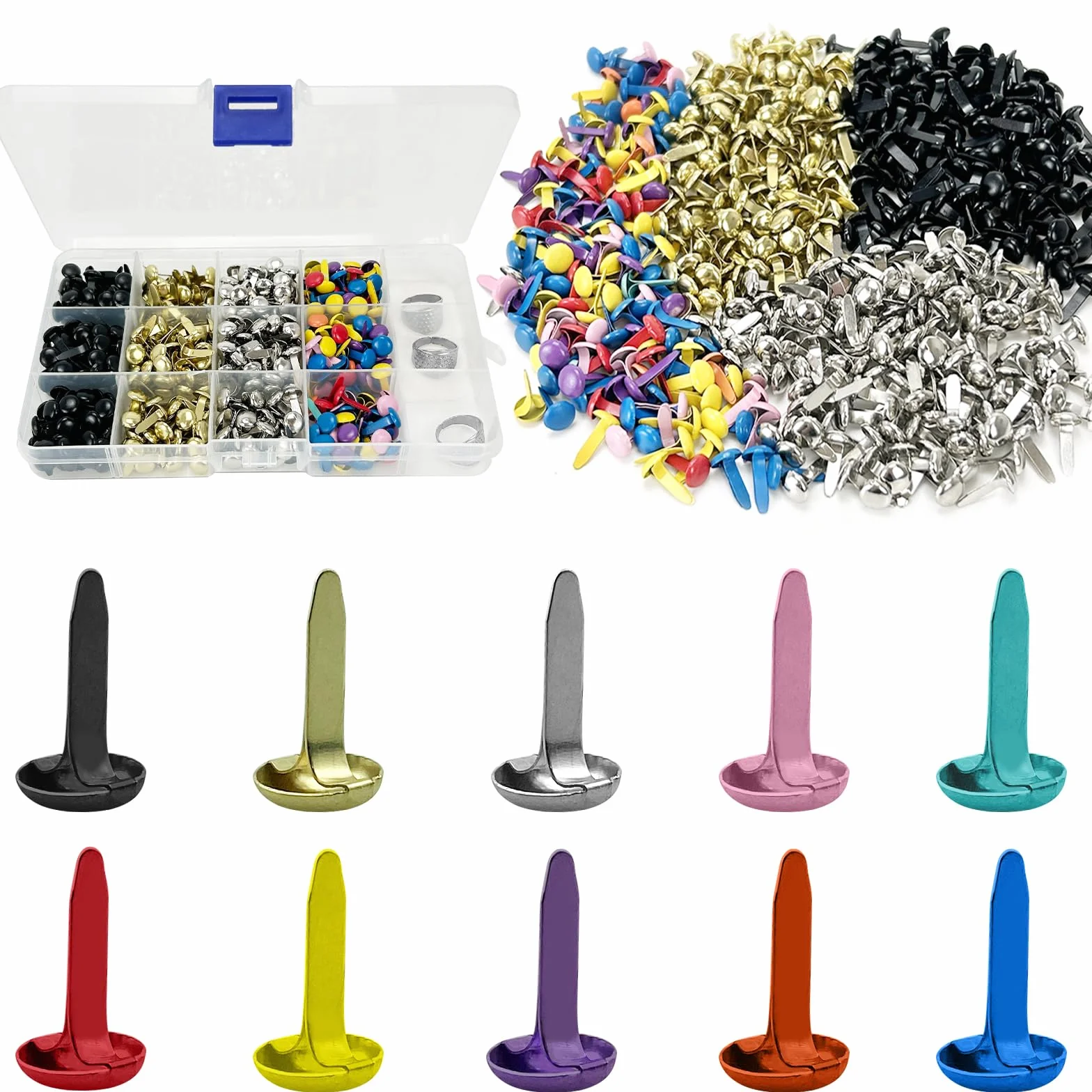 600 chiusure multicolore in metallo, stile moderno, 8 x 15 mm, nero, argento, oro, punteruolo, scatola portaoggetti