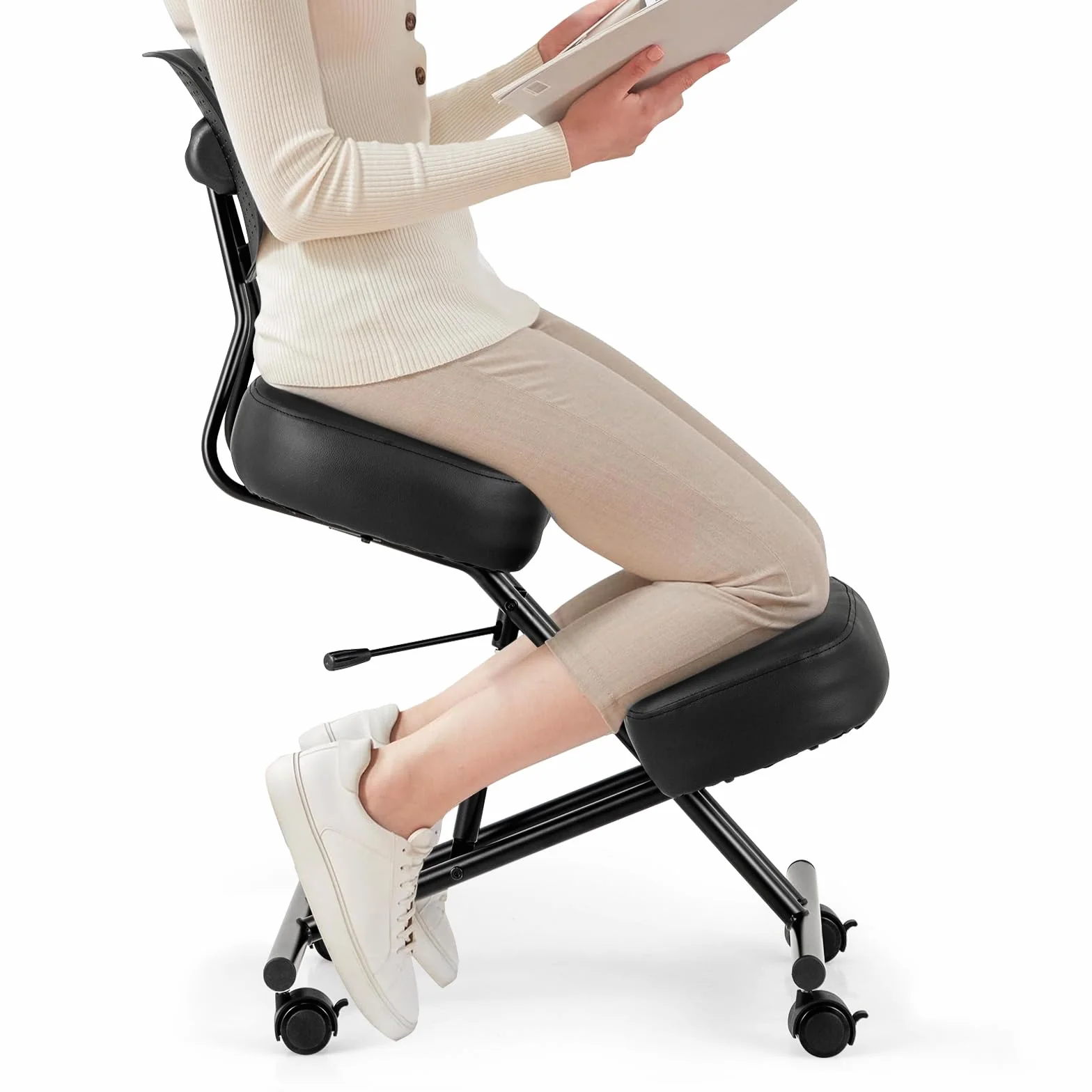 COSTWAY Sedia Ergonomica Inginocchiata con Schienale e Ruote, Sedia da Ginocchio Regolabile Posturale Struttura in Metallo, Sgabello Ergonomica per Casa e Ufficio (con Schienale)