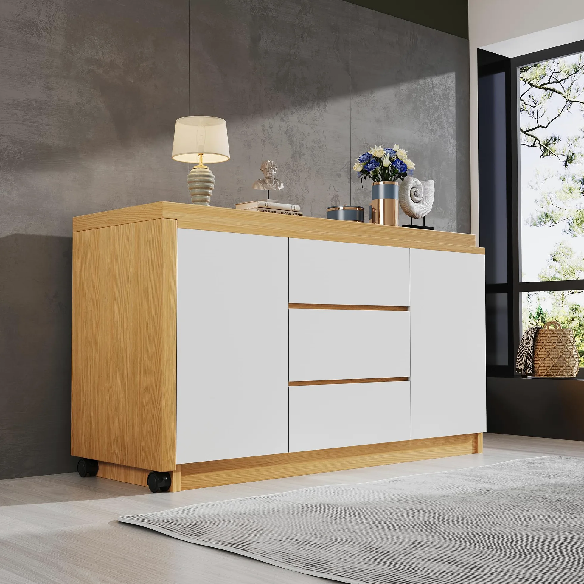 Scrivania con ruote bloccabili, design multifunzionale, 4 cm di spessore, piano girevole bloccabile, scrivania pieghevole, scrivania angolare, credenza (legno + bianco)