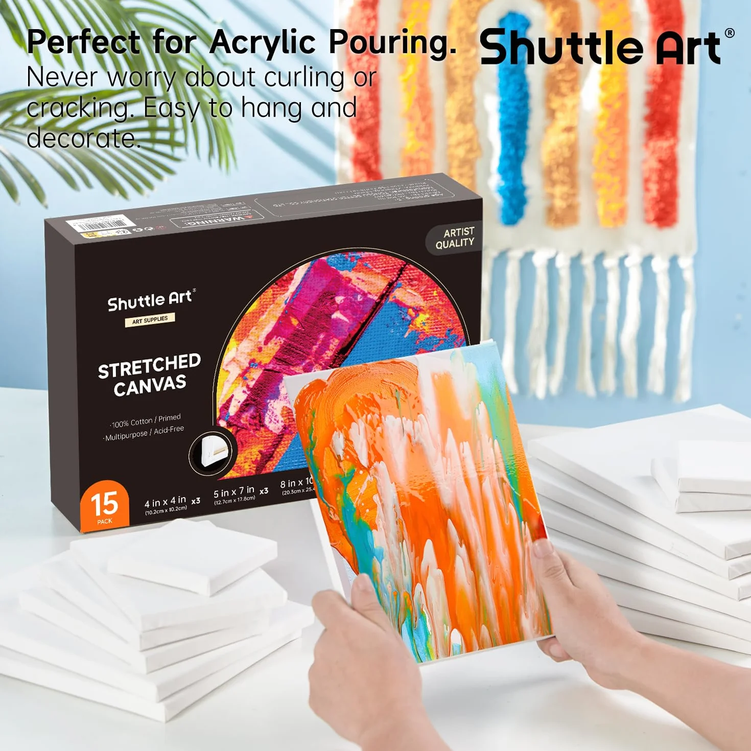 Tela per Dipingere di Shuttle Art, 15 Varie Misure,10x10, 12x17, 20x25, 23x30, 28x35 cm (3 pz Ciascuno),100% Cotone Cartone Telato Bianco per Bambini Adulti per Pittura Ad Olio Acrilico