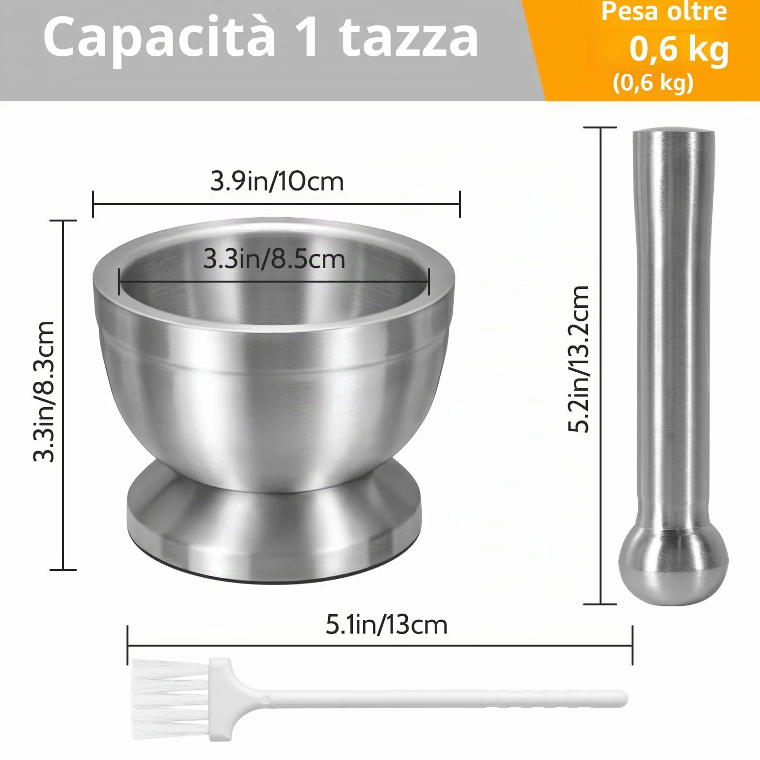 Sopito Mortaio con Pestello in Acciaio Inossidabile 18/8, Set Spezia Macinino Ciotola Erbe