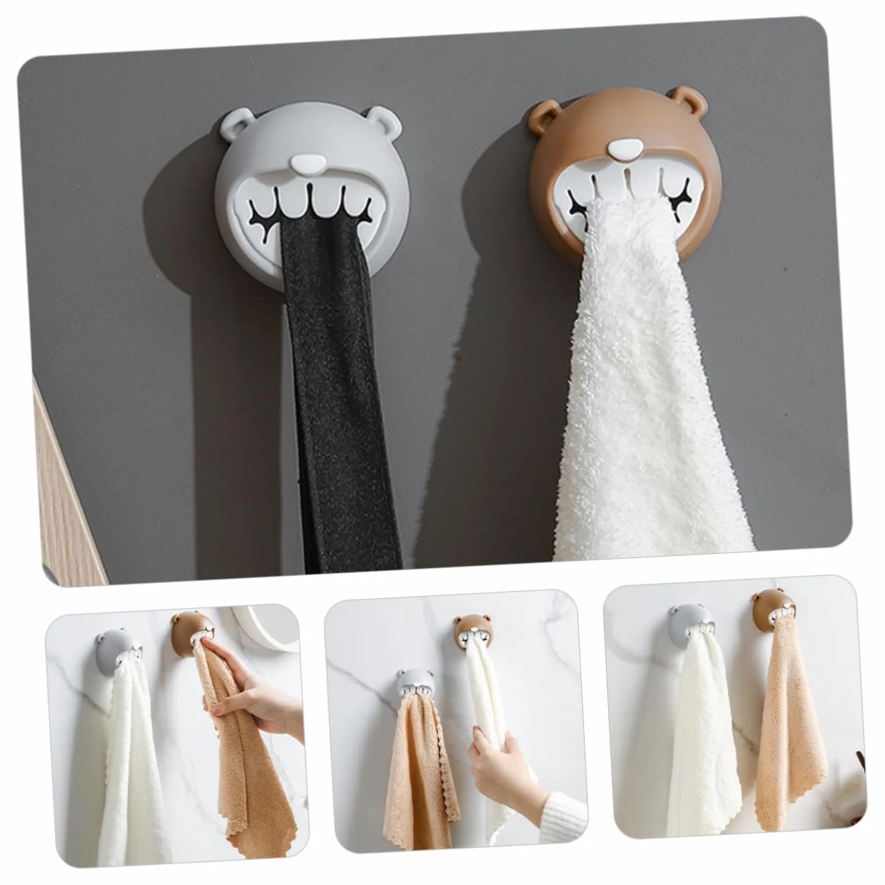 Ganci Portasciugamani Adesivi Set 4 Pezzi Orsetto Decorativo Parete Grigio Marrone