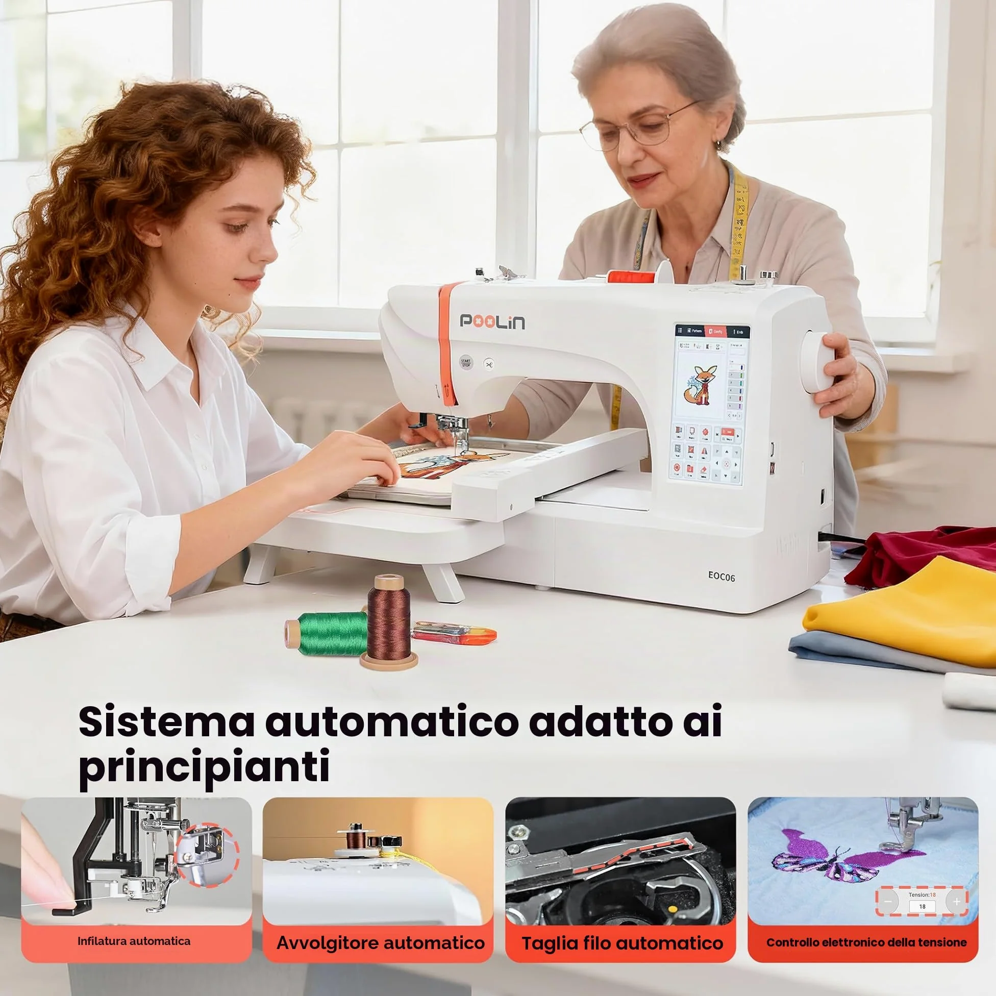 POOLIN EOC06 Macchina da Ricamo,20x28 cm Area Ricamo,4 Telai Inclusi,Ampio Touchscreen LCD Computerizzato da 18 cm, Dotata di Filo, Stabilizzatore,Bobina,Macchina da Ricamo Computerizzata