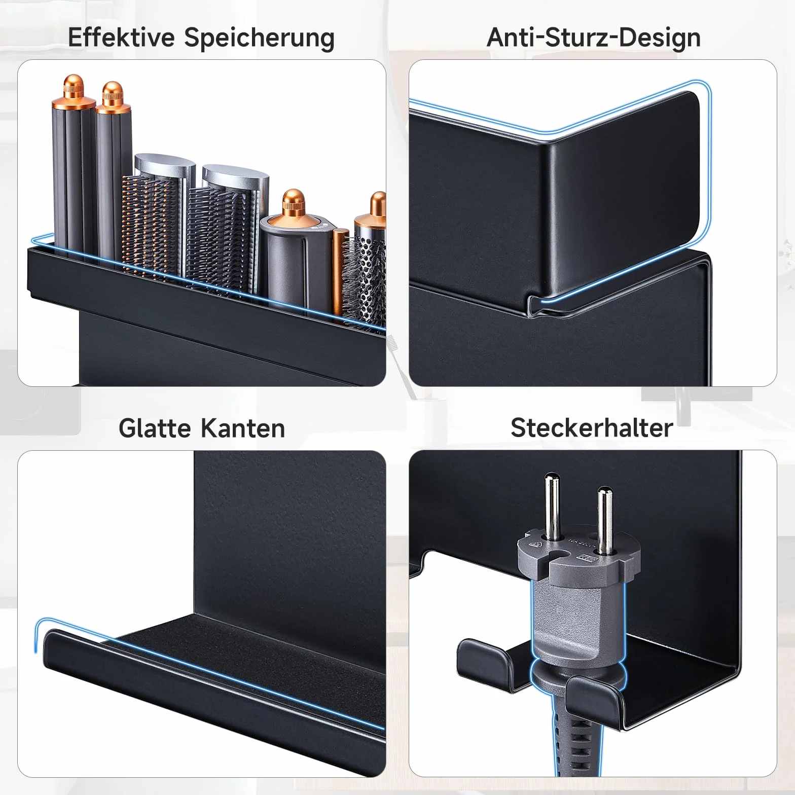 YYBO Supporto Asciugacapelli da Parete, Porta Phon da Muro Adesivo per Asciugacapelli Accessori Styler Curling Device, Porta Phon e Piastra per Camera da Letto, Bagno (Nero)