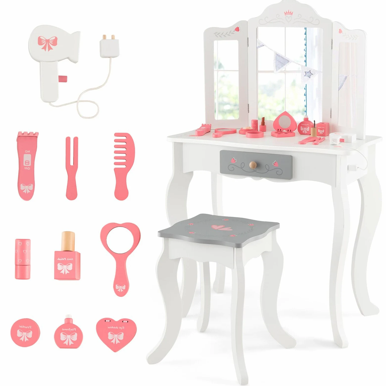 RELAX4LIFE Toeletta Trucco per Bambina, Specchiera Trucco con Sgabello e Accessori da Trucco, Toeletta in Legno, Specchio Rimovibile, per Bambini 3+ Anni (TRIPLO, 34x50x93cm)