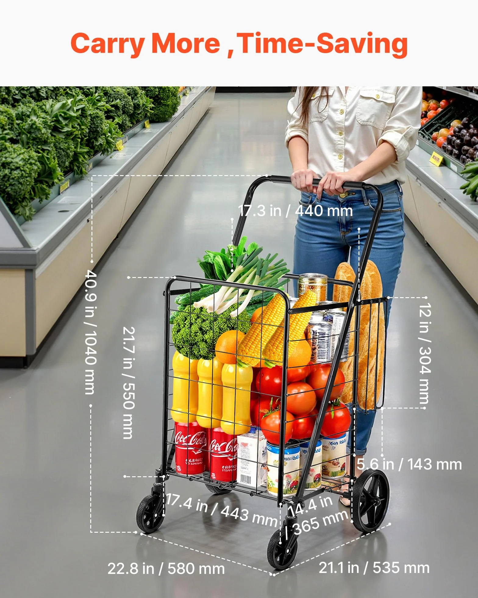 VEVOR Carrello Portabiancheria con 4 Ruote Portabiancherio di Lavanderia, Cesto Posteriore, Carico Max. 50kg, Carrello 6,21kg