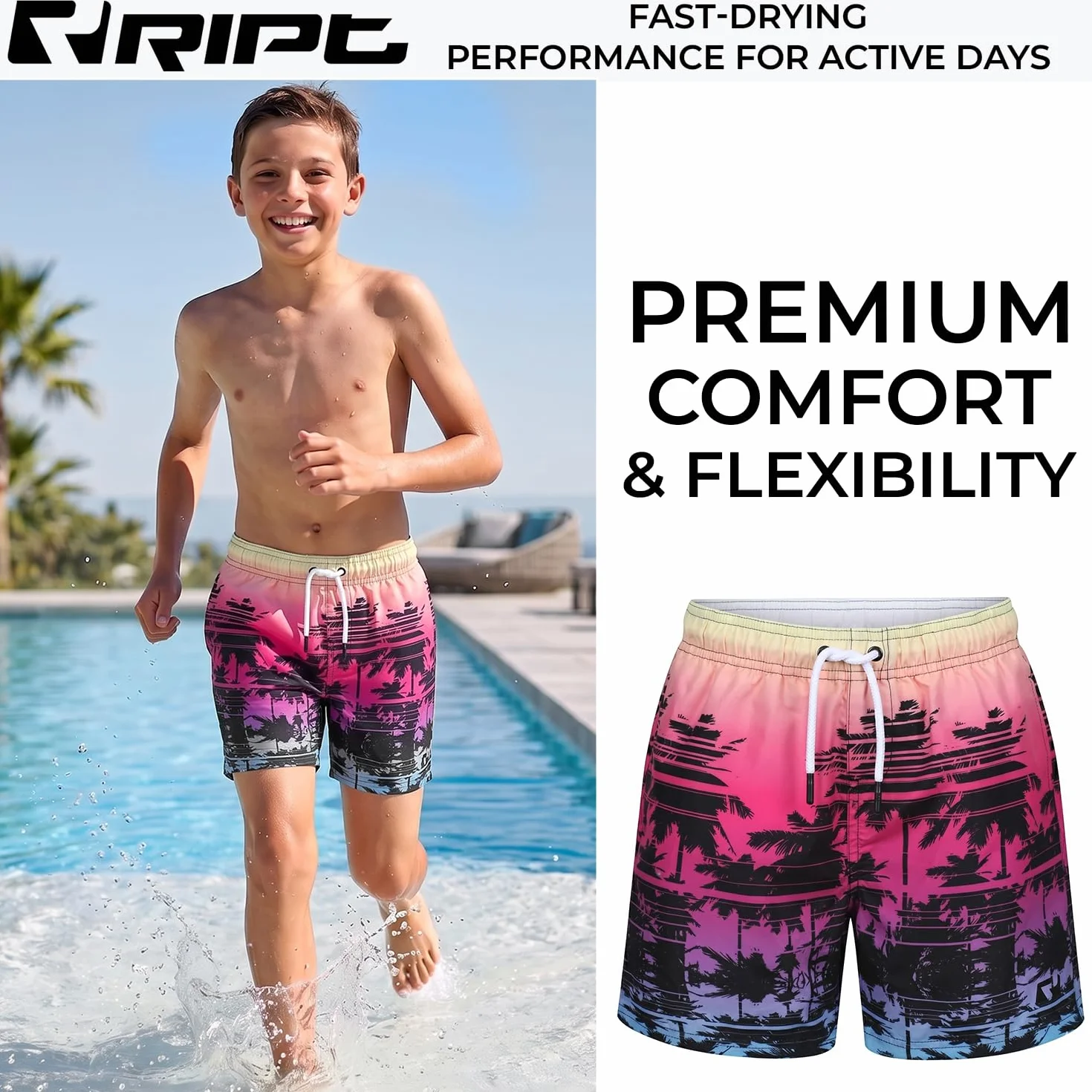 Boardshort Bambino Asciugatura Rapida Protezione UV 50 Pantaloncini Surf Nuoto Rosa 9-10 Anni