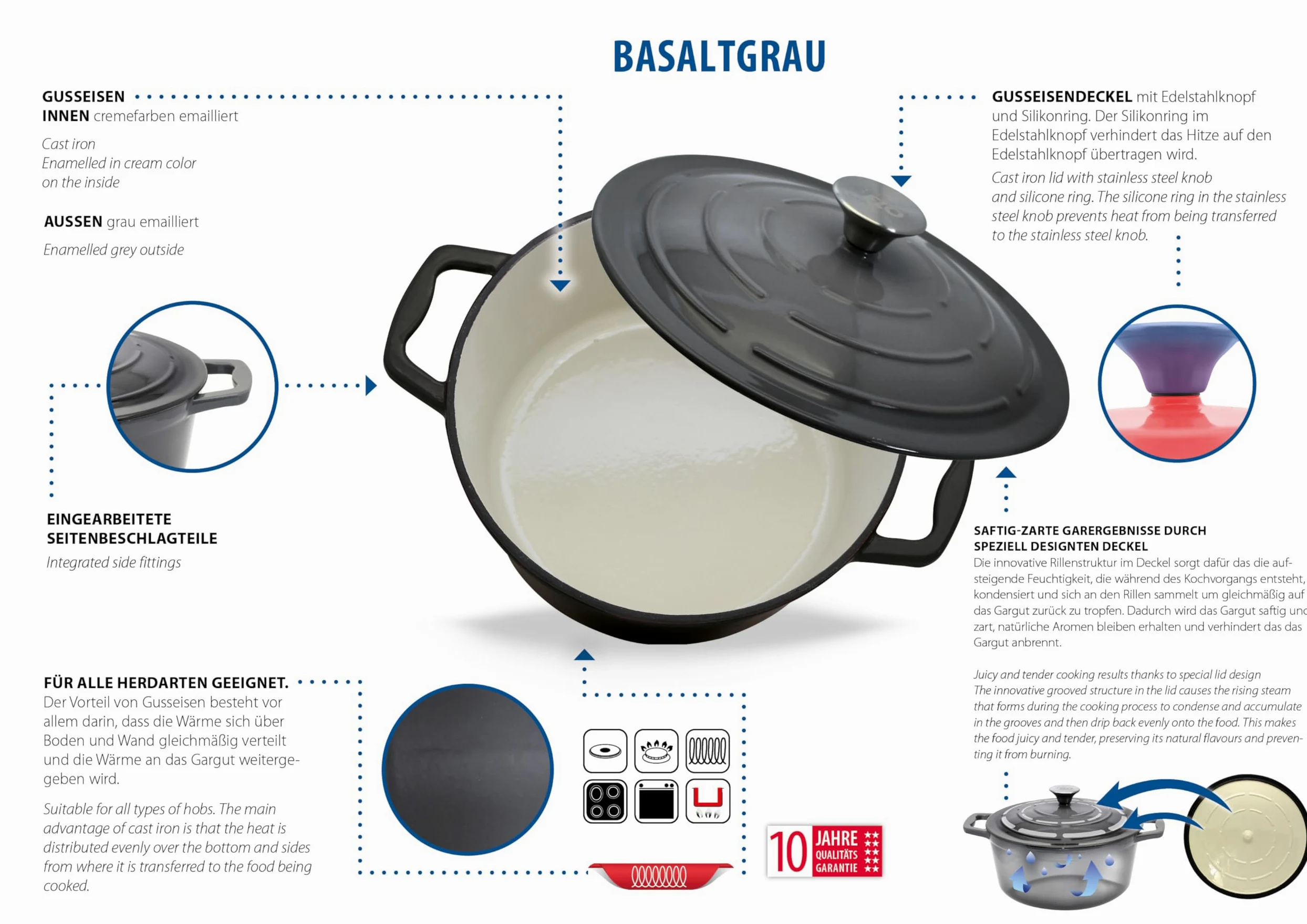 Elo 3382826 casseruola in ghisa smaltata antiaderente bassa con coperchio, grigio classico, adatta al forno, pentola a cottura a induzione, 28 cm, 3 l, 2-4 persone