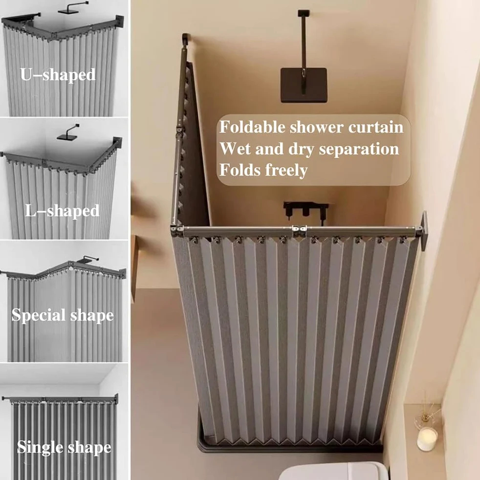 Generico Tenda da Doccia Pieghevole Senza Fori con Asta per A Forma di L/U e Ventosa Potente, Tende da Doccia con Angolazione Regolabile in Tessuto di Lino Impermeabile/Lavabile,Beige,5 Folds