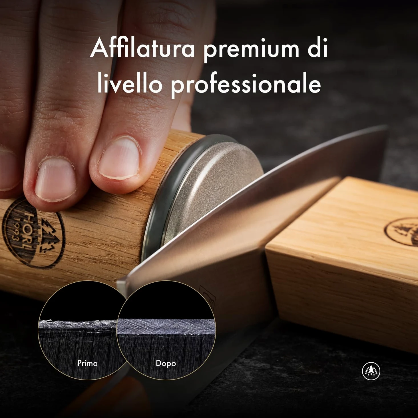 Affilacoltelli a rullo HORL 2 quercia - Made in Germany - Kit per affilare facilmente i coltelli - Affilacoltelli a rullo con supporto magnetico a 15 e 20 gradi