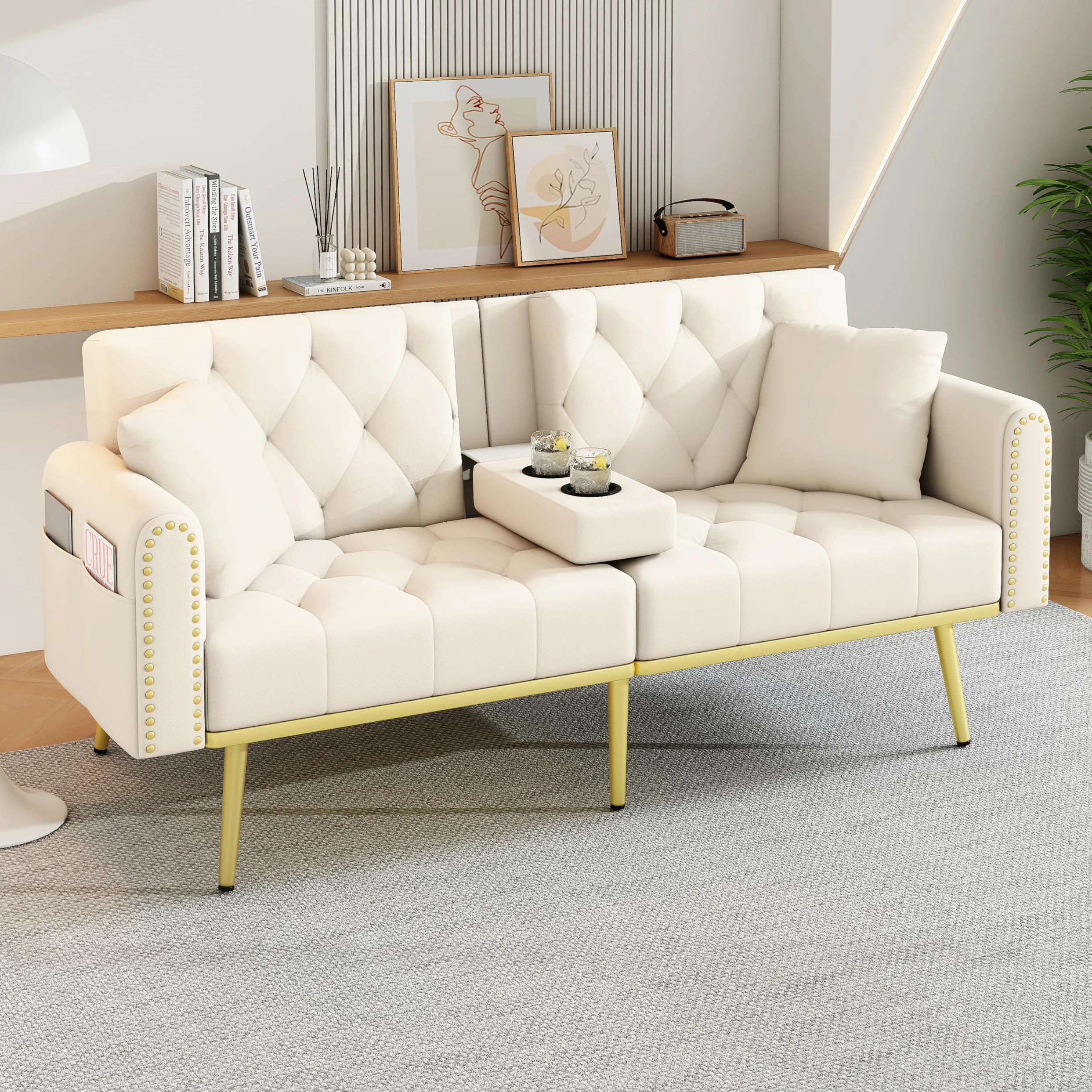 Divano letto doppio pieghevole, beige, 80 x 180 cm, con funzione sdraio, tre angoli di inclinazione regolabili e portabevande, adatto per soggiorno, camera da letto, camera degli ospiti