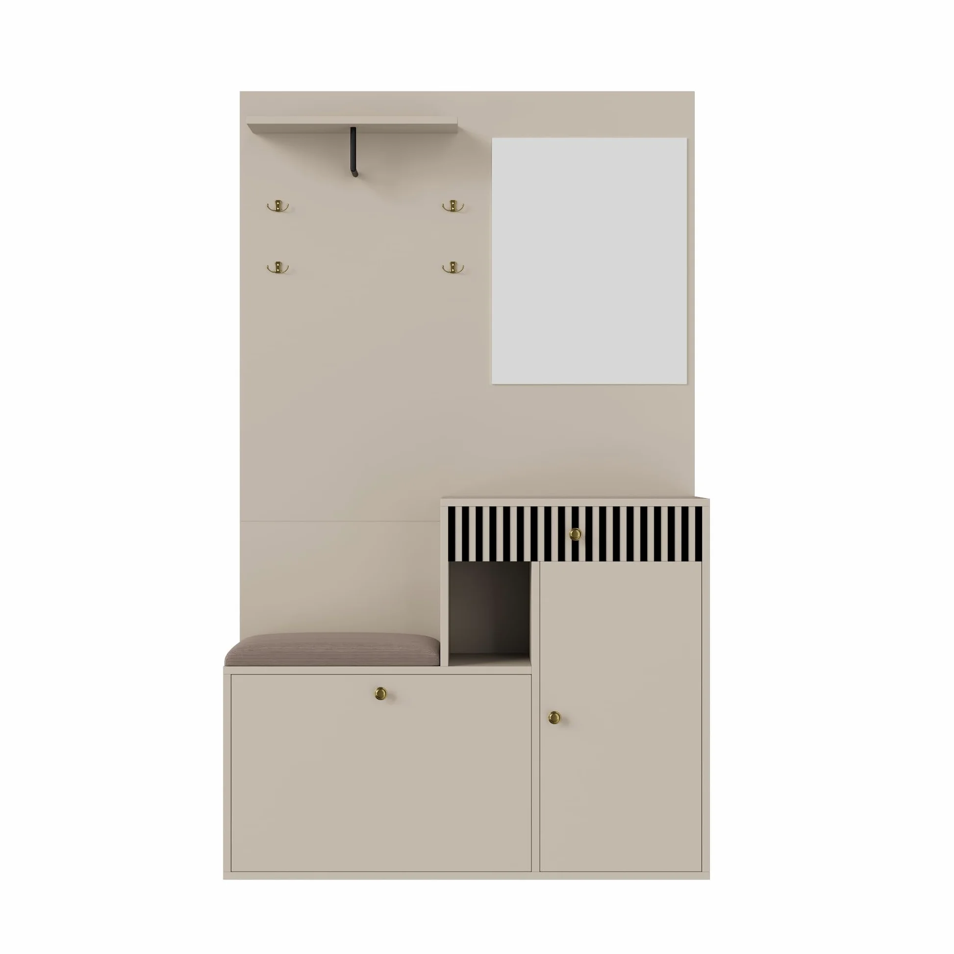 Set di appendiabiti compatto con specchio e cuscini imbottiti, armadio per corridoio, parete del soggiorno, scaffale, pannelli per appendiabiti da corridoio e soggiorno, scarpiera, 110 x 185,5