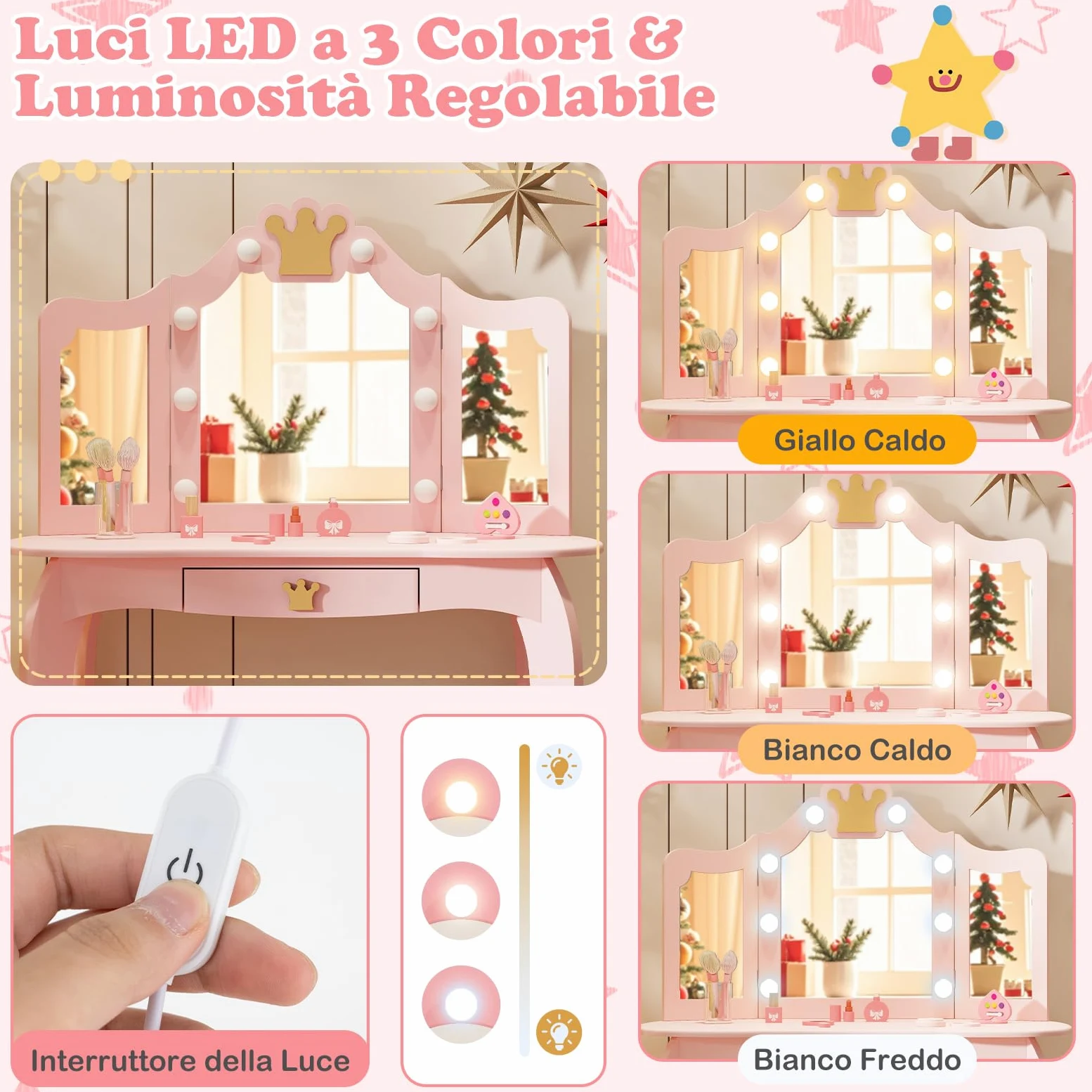 RELAX4LIFE Toeletta Trucco per Bambina con 8 Lampadine LED, 3 Colori di Luci, Specchiera Trucco con Sgabello, Toeletta in Legno, Specchio Rimovibile, per Bambini 3-7 Anni (Rosa)