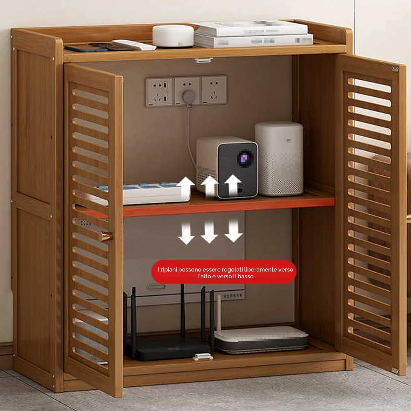 Mobilettos Nascondi Router Materiale di Bambù Addensato Design | Cavo Archiviazione Multipla Armadio per Router in Legno per La Decorazione Della Parete(Brown,59*25*97cm)
