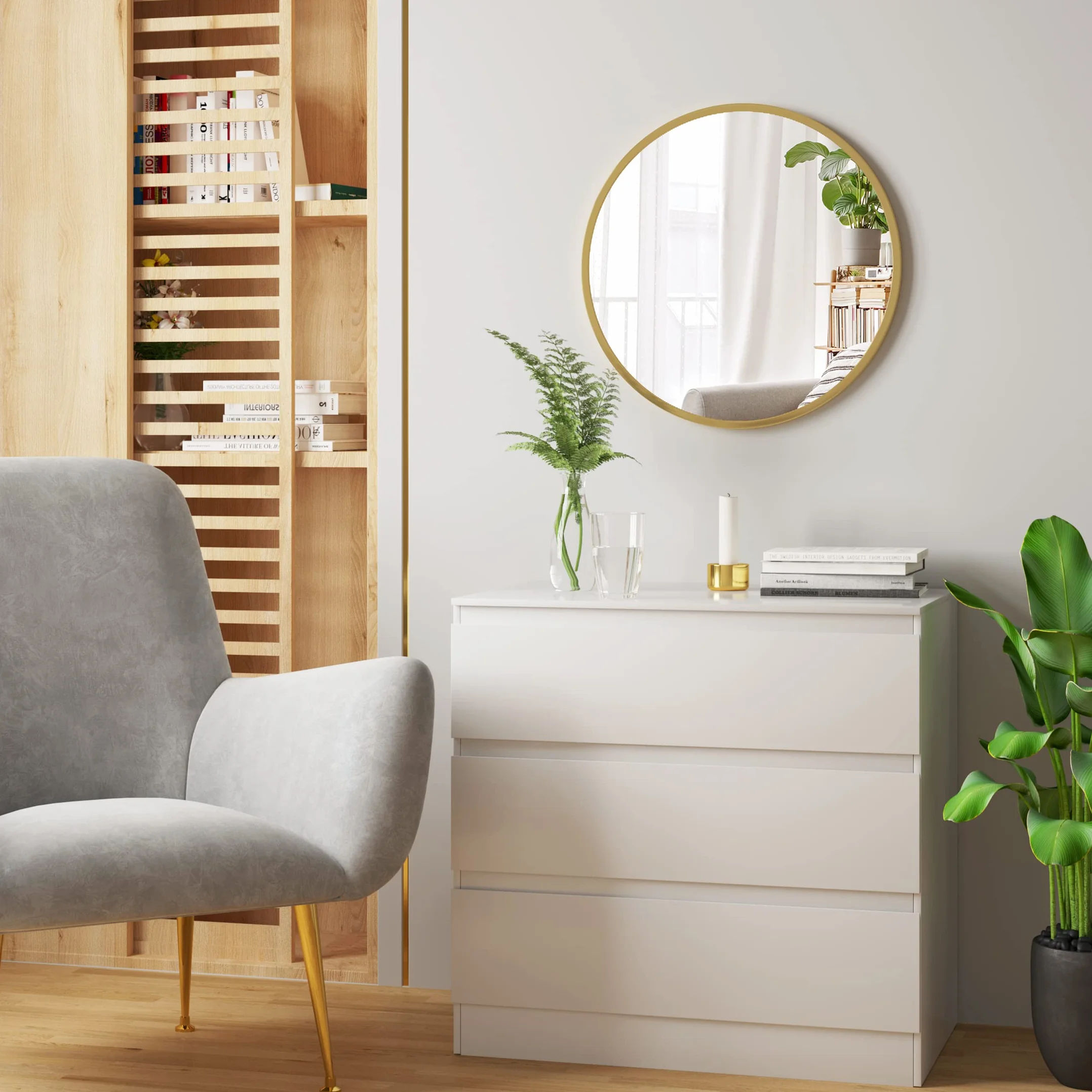 WOLTU Specchio da Parete,Tondo, Cornice in Metallo Antiruggine, Decorativo per Bagno con Immagine Nitida, Ideale per Trucco e Arredamento Moderno, Ingresso, Specchio Bagno, Rotondo Dorato 60cm