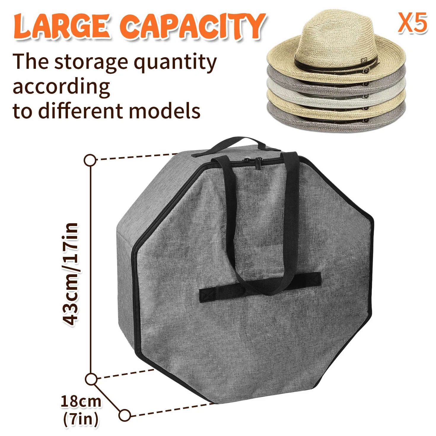 Pieghevole custodia per cappelli da viaggio con manico, contenitore grande grigio