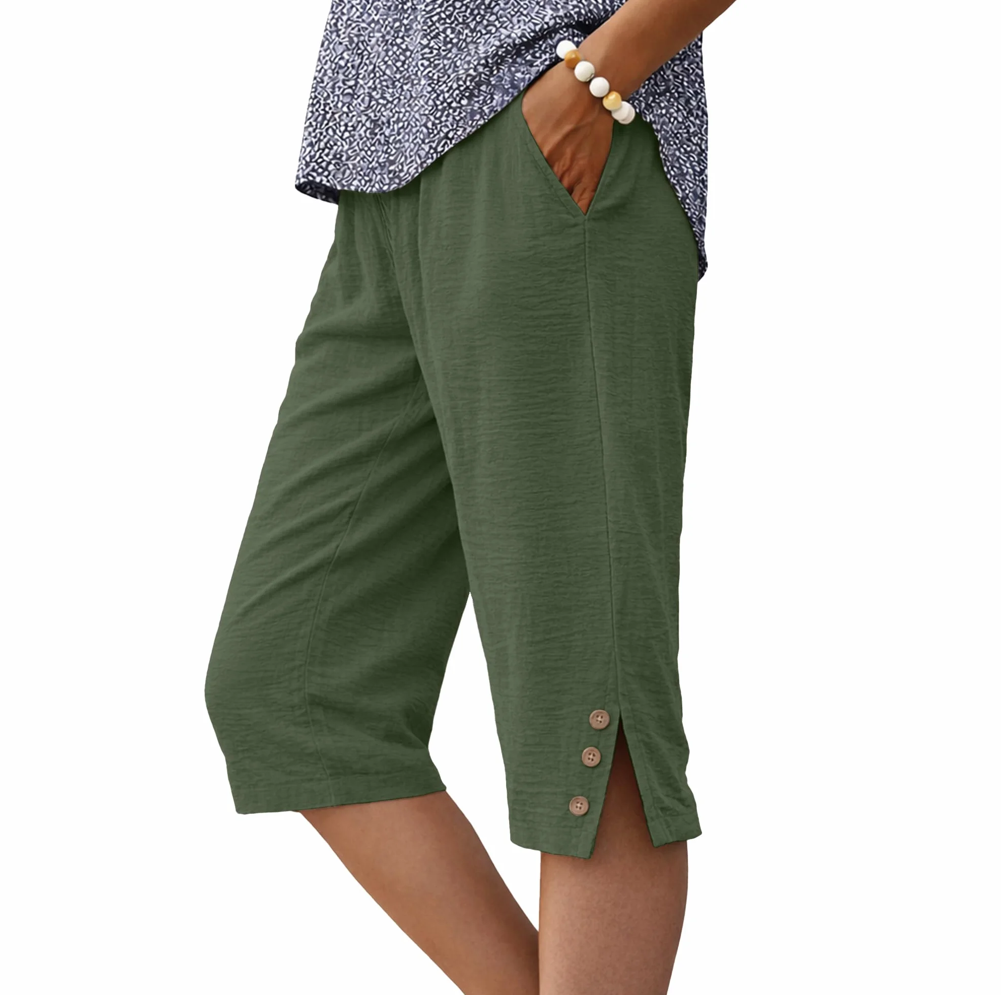 IWOLLENCE Pantaloni corti estivi da donna, lunghezza al ginocchio, con spacco laterale, bottoni decorativi in legno, leggeri e traspiranti, elastico in vita